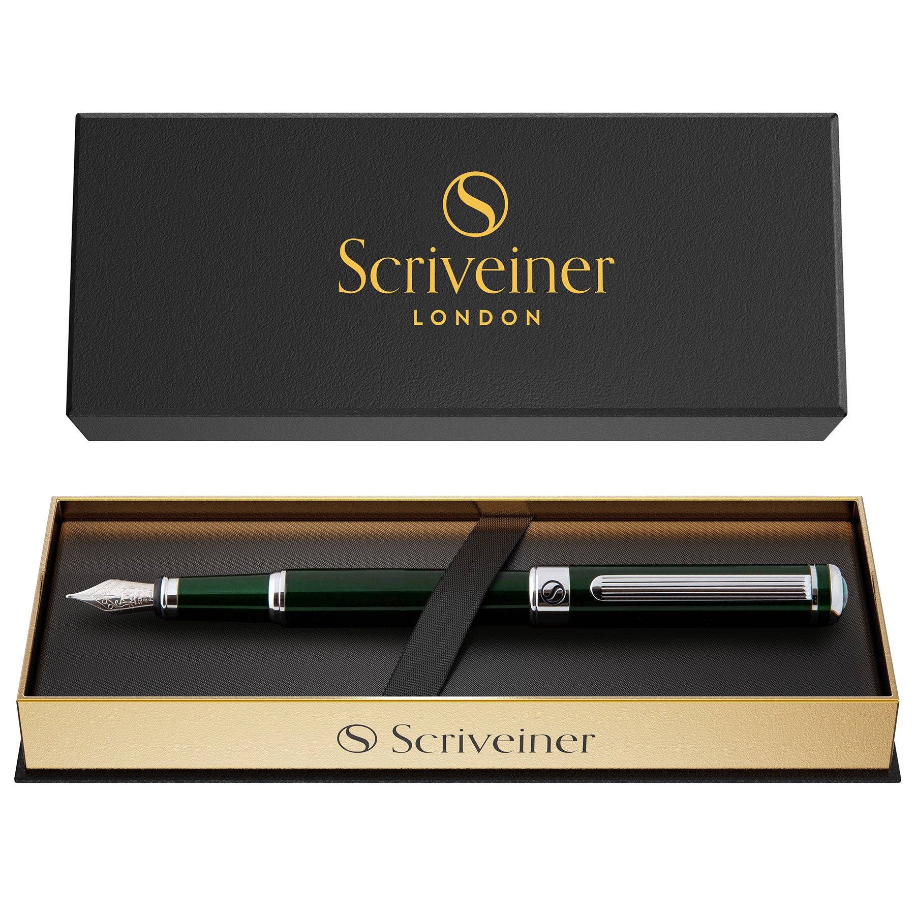 Scriveiner Black Green Fountain Pen (Medium) - Stunning Luxury Pen with Chrome Finish