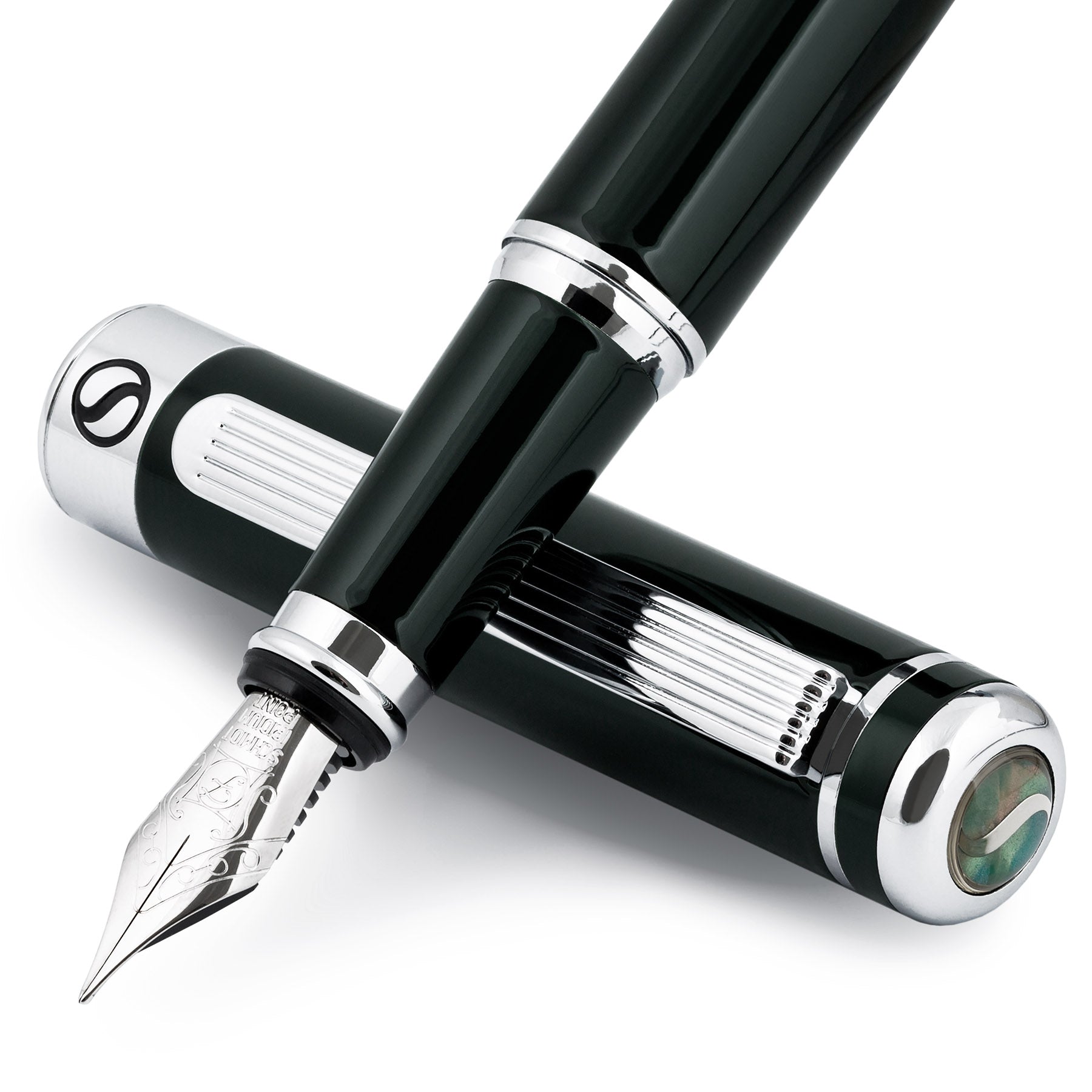 Scriveiner Black Green Fountain Pen (Medium) - Stunning Luxury Pen with Chrome Finish