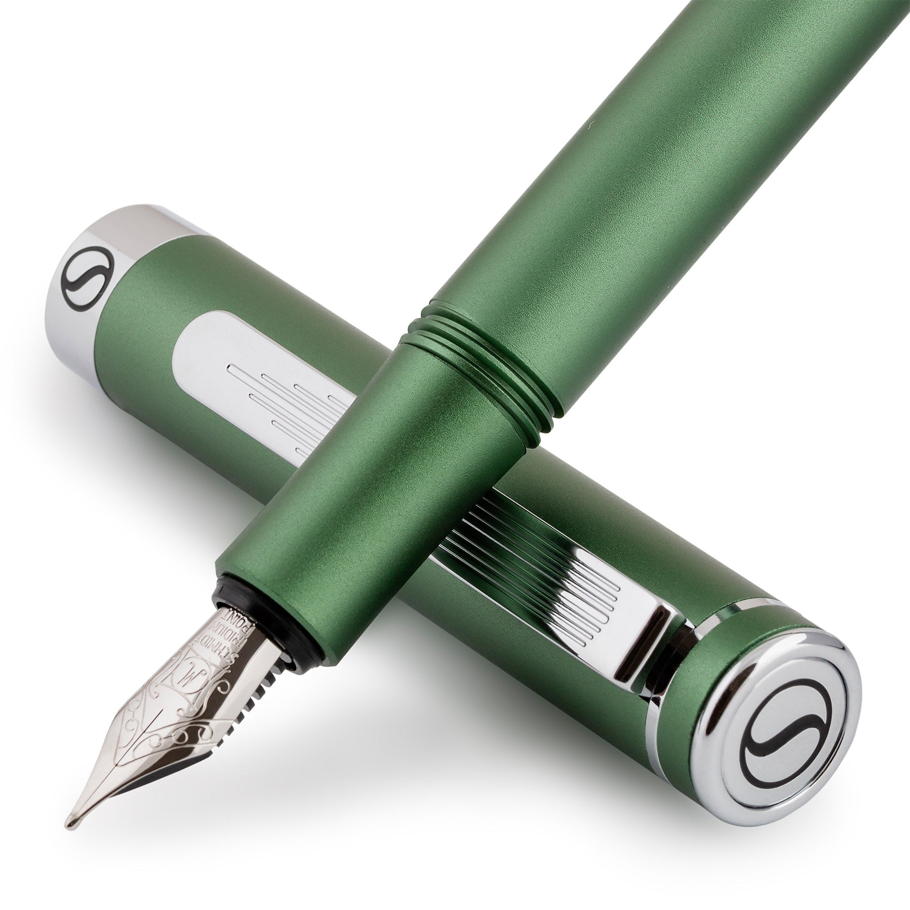 Scriveiner Luxus-EDC-Füllfederhalter (mittelgroß), umwerfender mattgrüner Taschenstift, Chrom-Finish