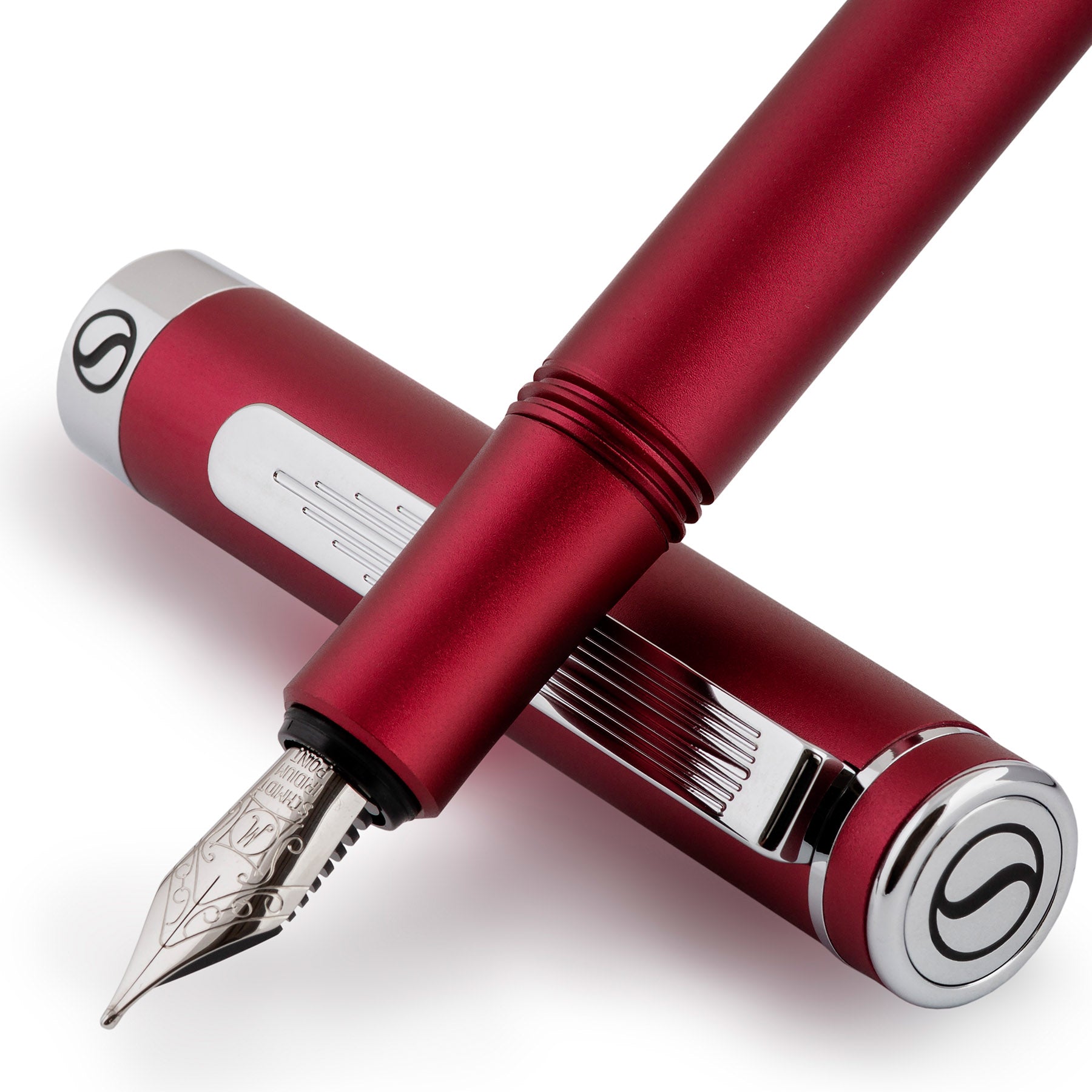 Scriveiner Luxus-EDC-Füllfederhalter (fein), atemberaubender mattroter Taschenstift, Chrom-Finish