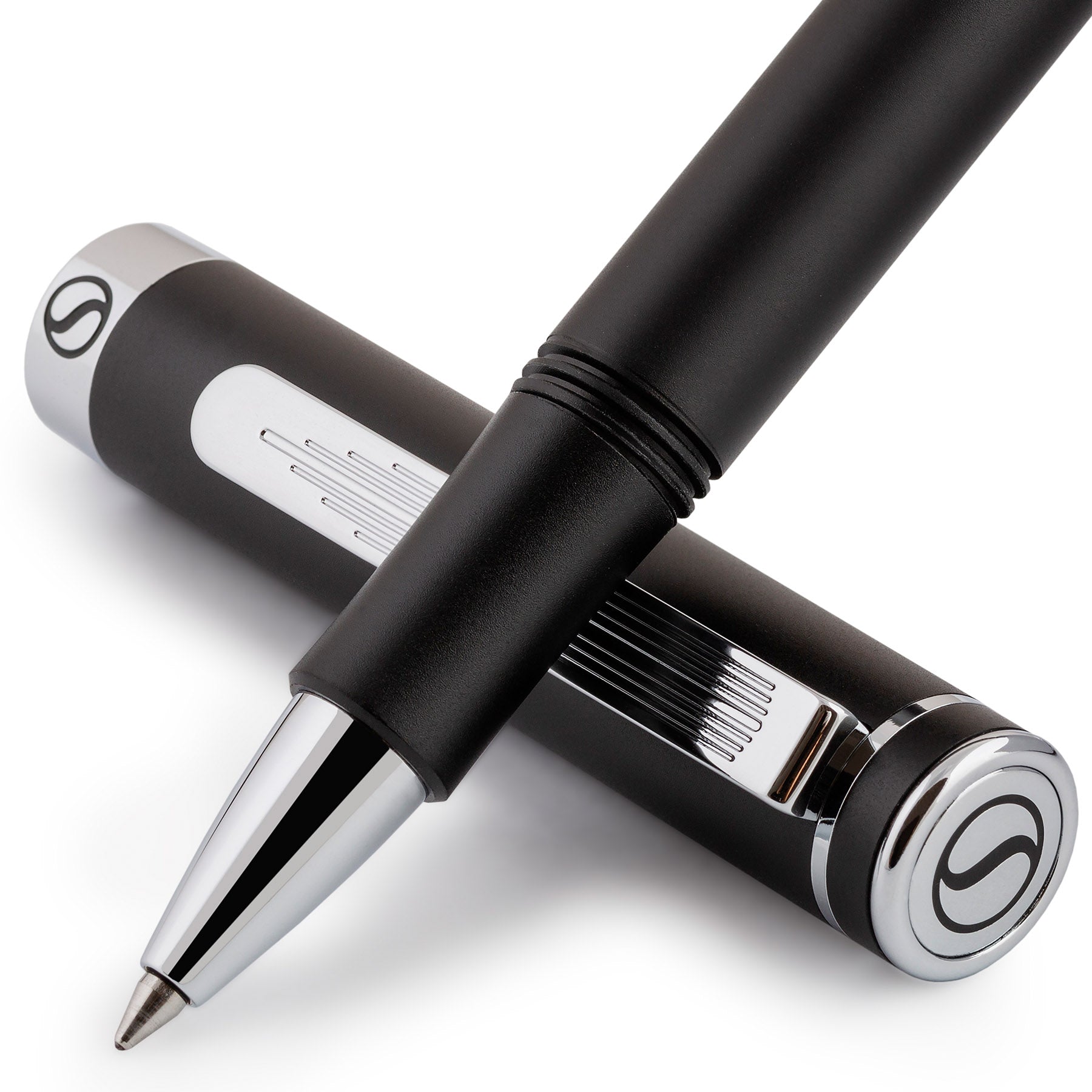 Scriveiner EDC Black Rollerball Luxury Pen, Stunning Pocket Pen with Chrome Finish