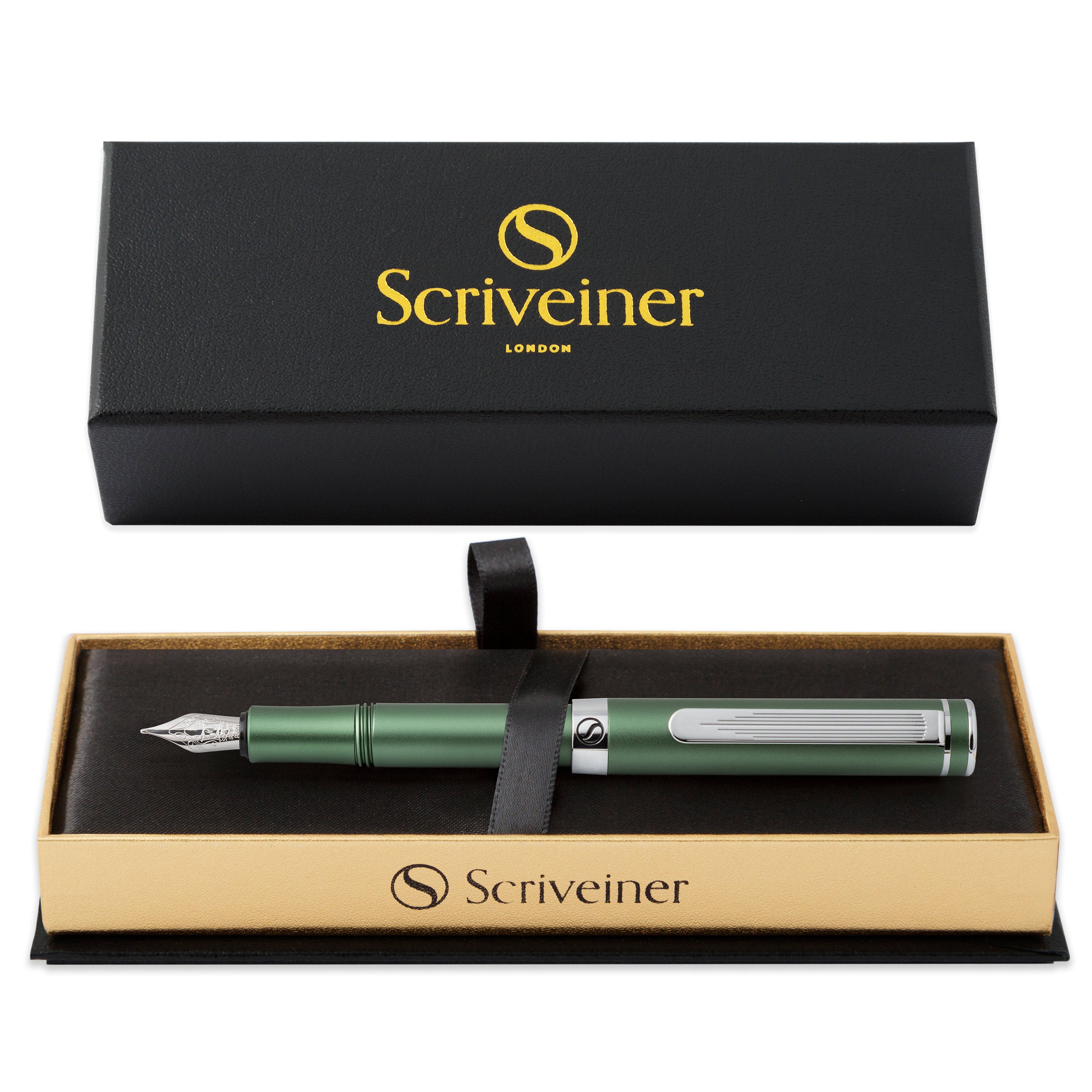 Scriveiner Luxus-EDC-Füllfederhalter (mittelgroß), umwerfender mattgrüner Taschenstift, Chrom-Finish