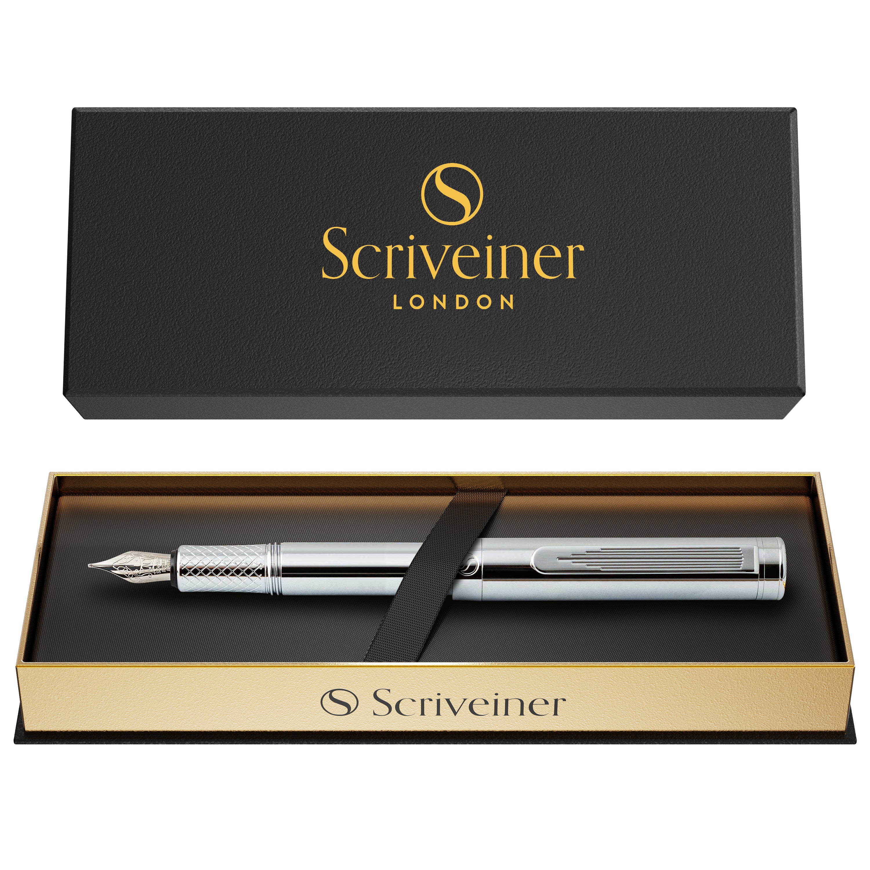 Scriveiner Silber-Chrom-Füllfederhalter (fein), preisgekrönter Luxus-Stift, schwerer Taschenstift, Chrom-Finish