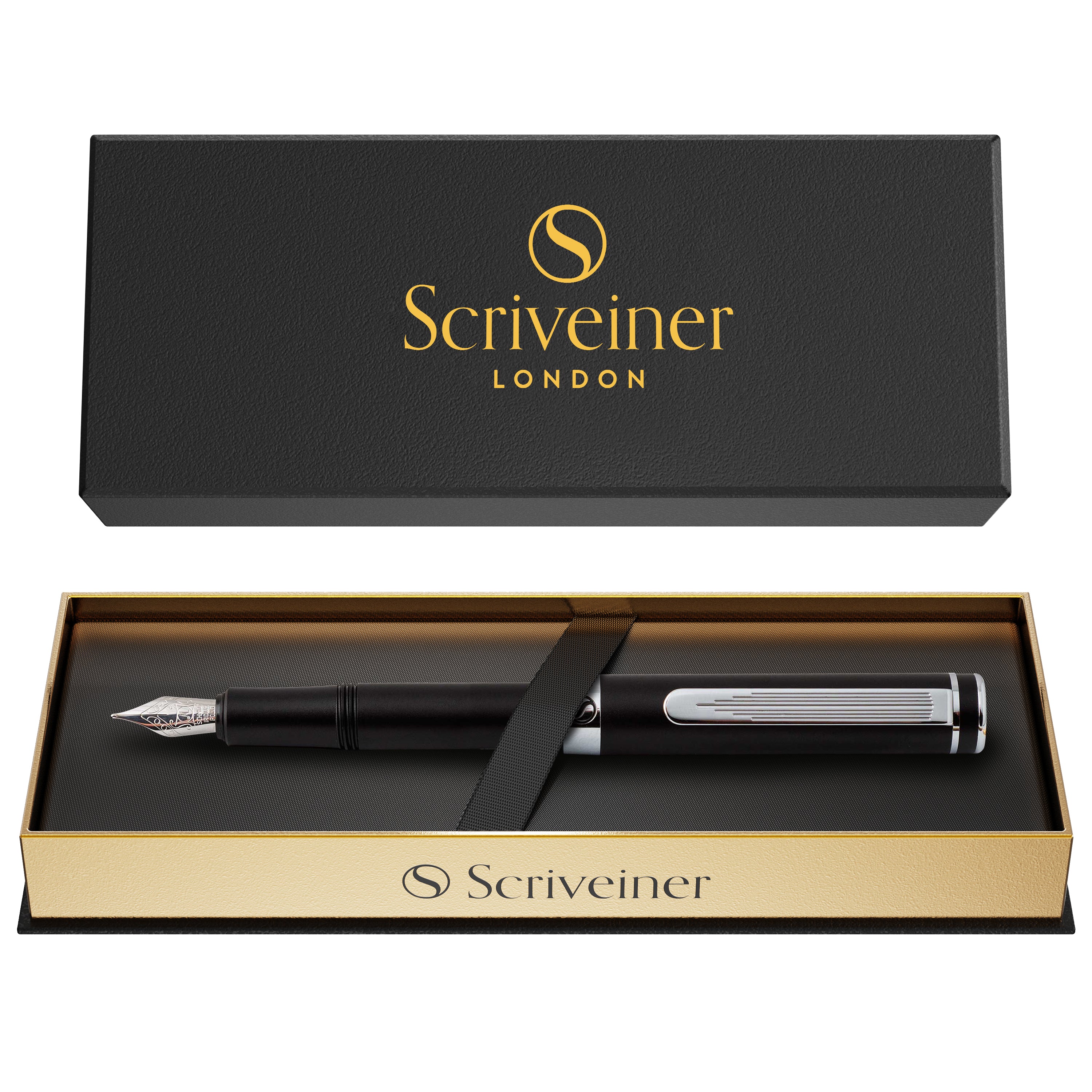 Scriveiner Luxus-EDC-Füllfederhalter (fein), atemberaubender mattschwarzer Taschenstift, Chrom-Finish