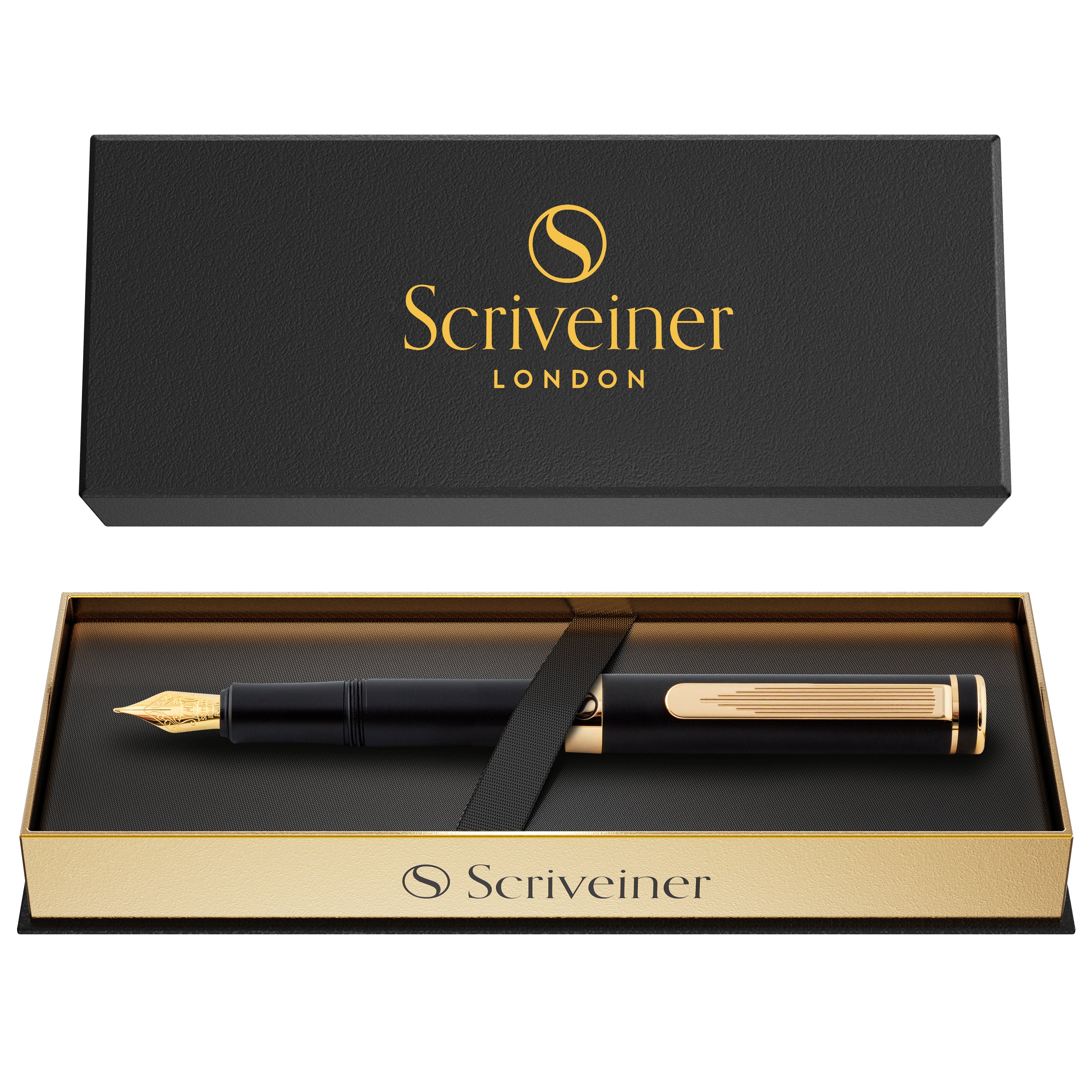 Scriveiner Luxus-EDC-Füllfederhalter (fein), atemberaubender schwarzer Taschenstift, 24-Karat-Gold-Finish