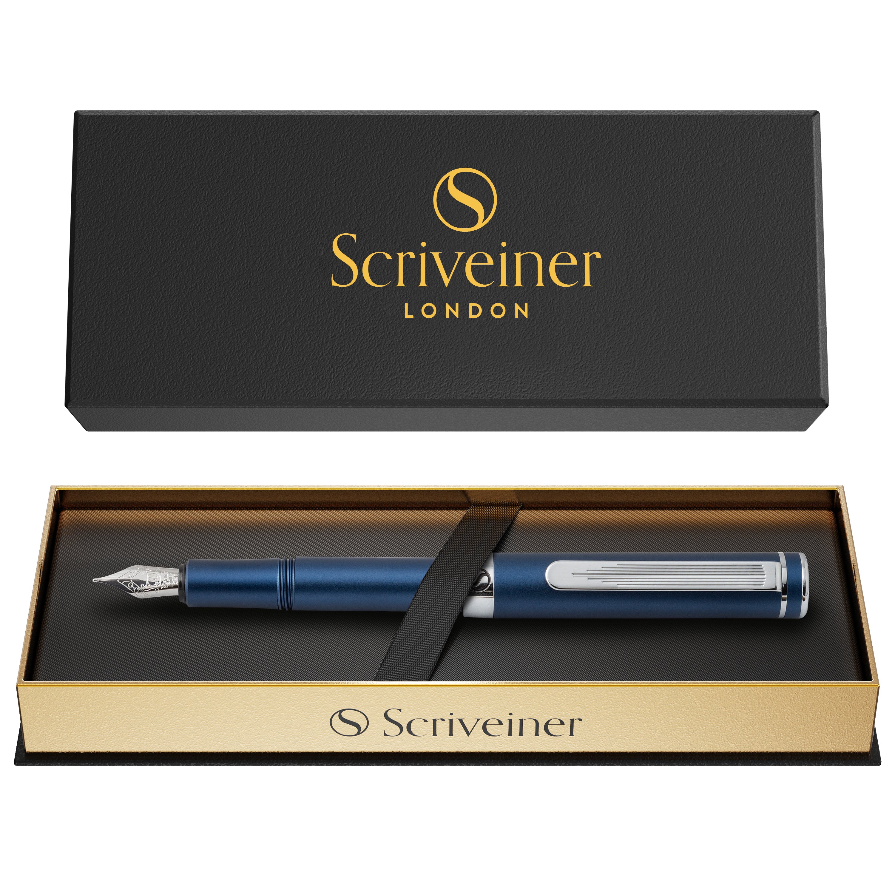 Scriveiner Luxus-EDC-Füllfederhalter (fein), atemberaubender mattblauer Taschenstift, Chrom-Finish