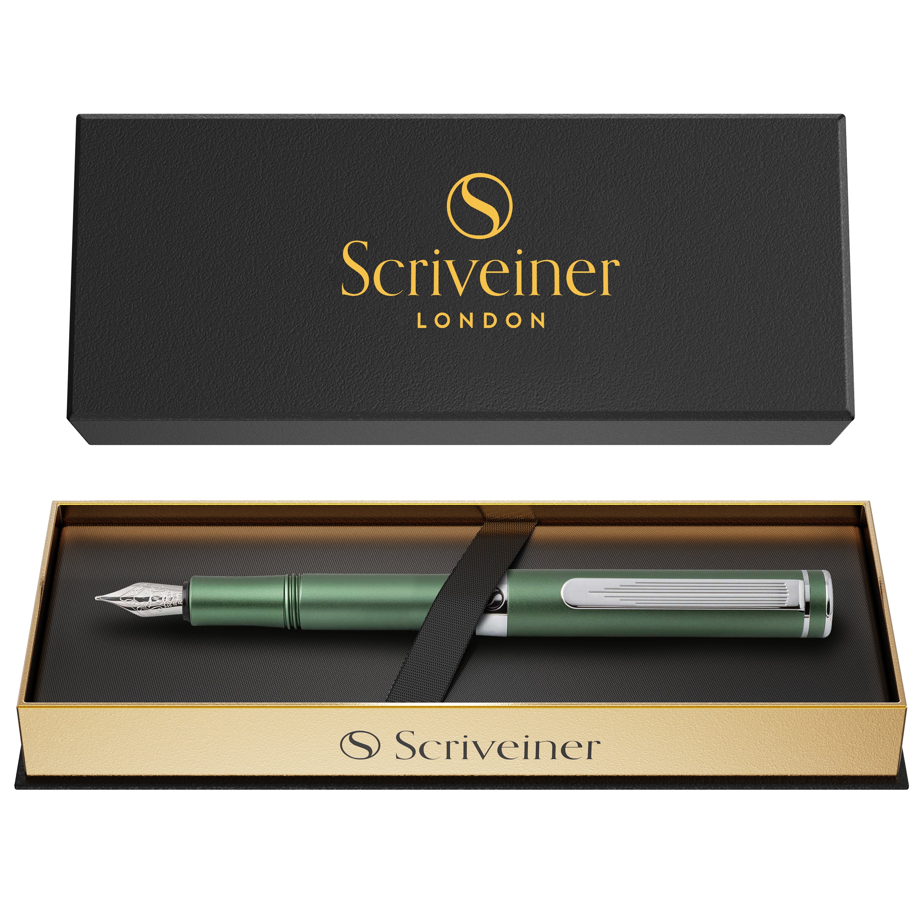 Scriveiner Luxus-EDC-Füllfederhalter (fein), atemberaubender mattgrüner Taschenstift, Chrom-Finish