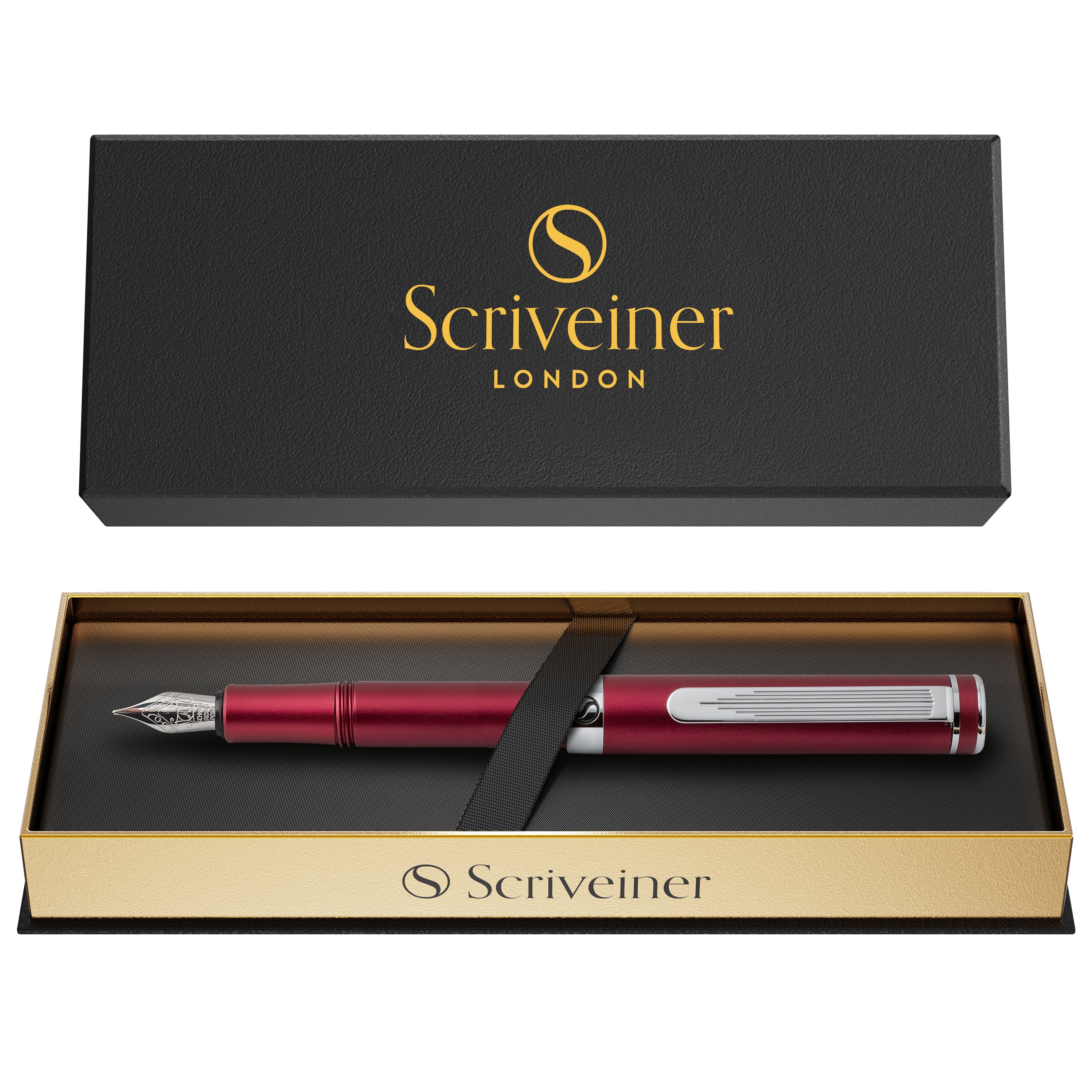 Scriveiner Luxus-EDC-Füllfederhalter (fein), atemberaubender mattroter Taschenstift, Chrom-Finish