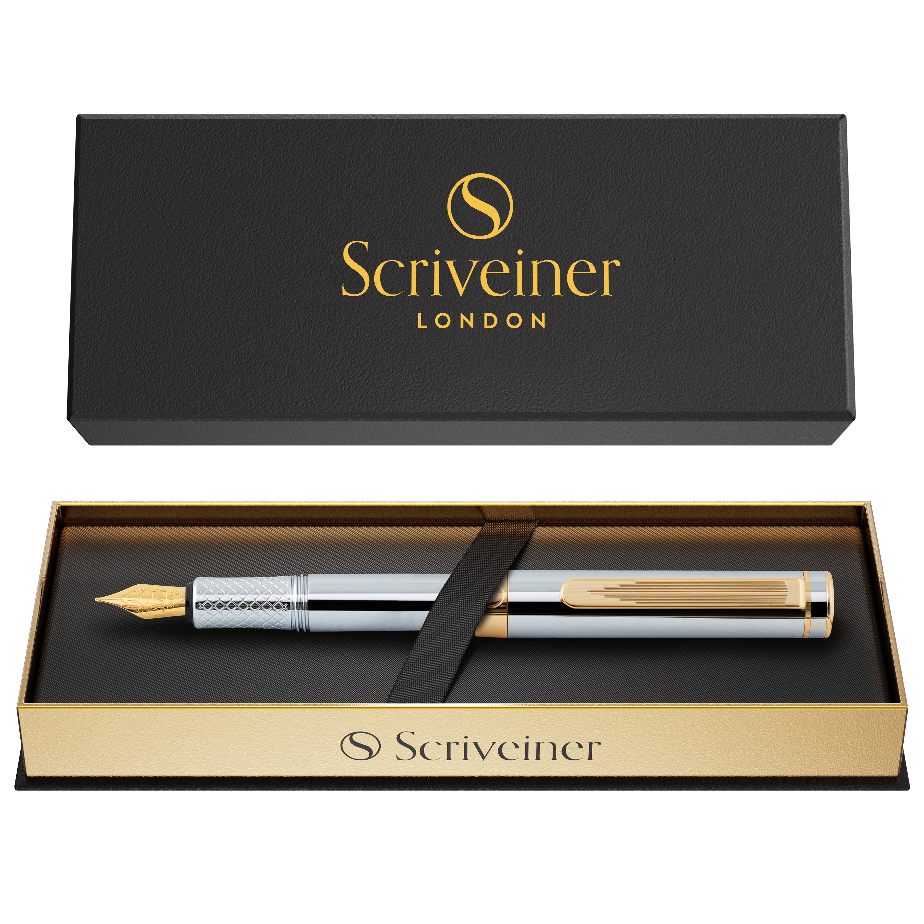 Scriveiner Silver Chrome Fountain Pen (Fine), Award Winning Luxury Pen, Heavy Pocket Pen with 24K Gold Finish