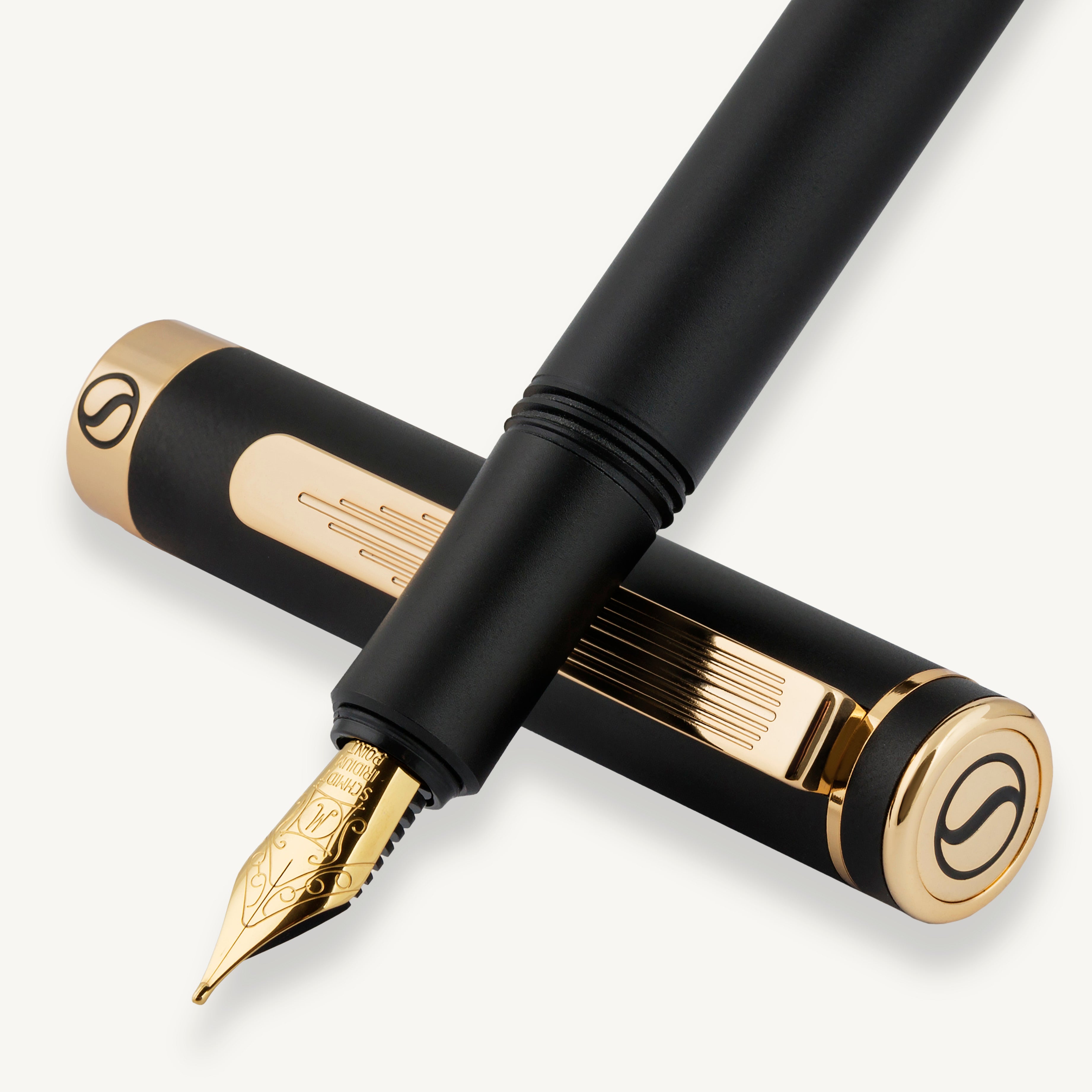 Scriveiner Luxus-EDC-Füllfederhalter (mittelgroß), atemberaubender schwarzer Taschenstift, 24-Karat-Gold-Finish