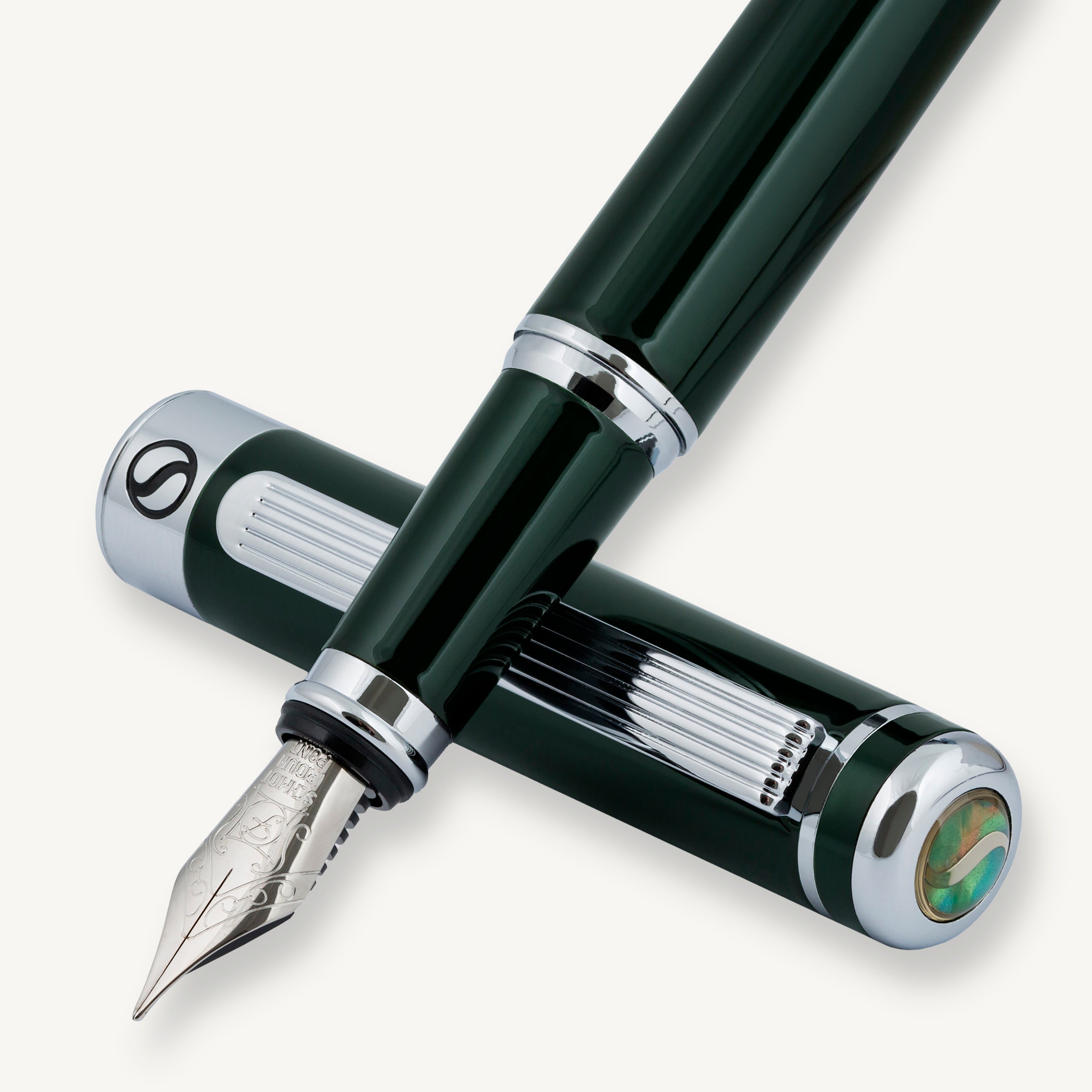 Scriveiner Black Green Fountain Pen (Fine)- Stunning Luxury Pen with Chrome Finish
