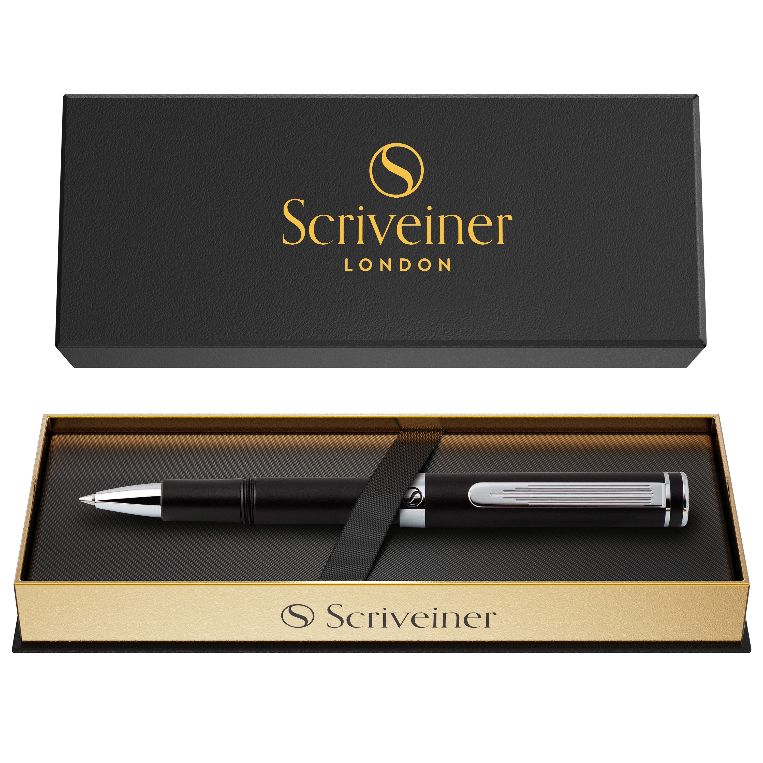 Scriveiner EDC Schwarzer Luxus-Rollerball, atemberaubender Taschenstift mit Chrom-Finish