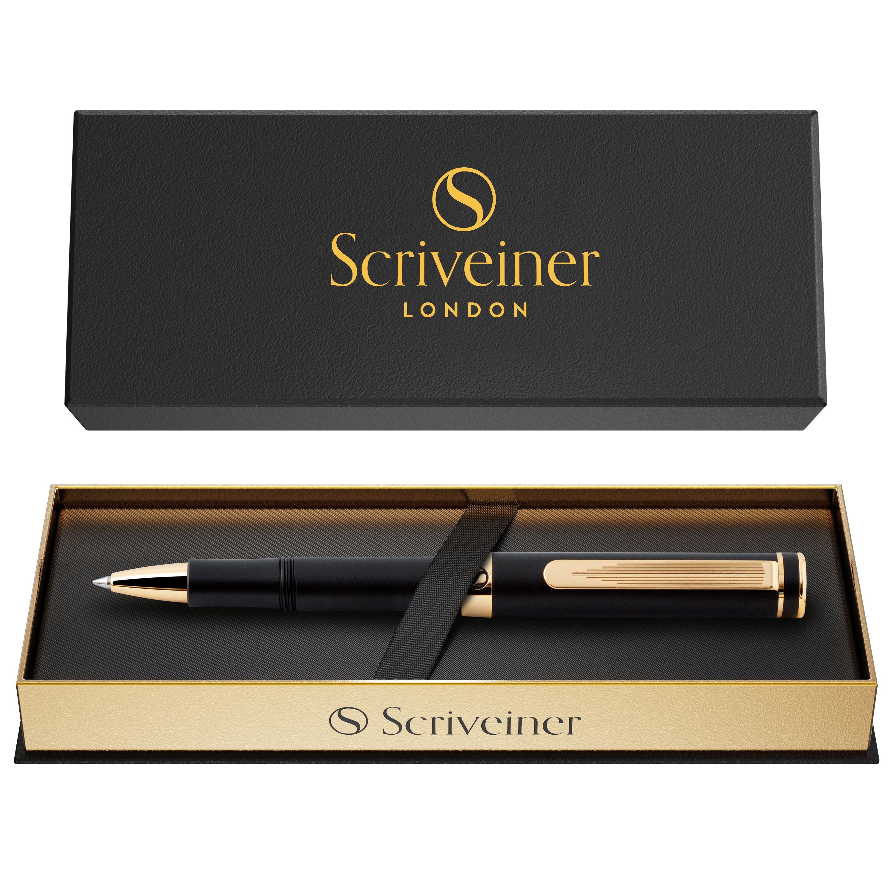 Scriveiner EDC Schwarzer Luxus-Rollerball, atemberaubender Taschenstift mit 24-Karat-Gold-Finish