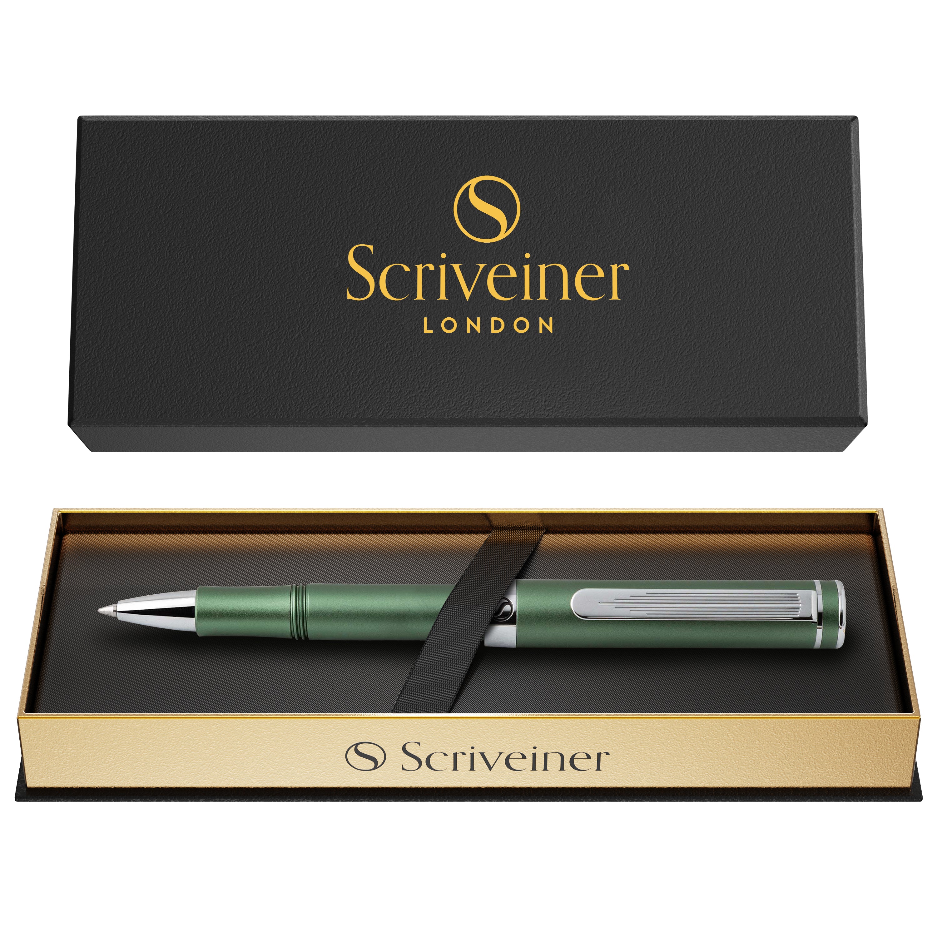 Scriveiner EDC Grüner Luxus-Rollerball, atemberaubender Taschenstift mit Chrom-Finish