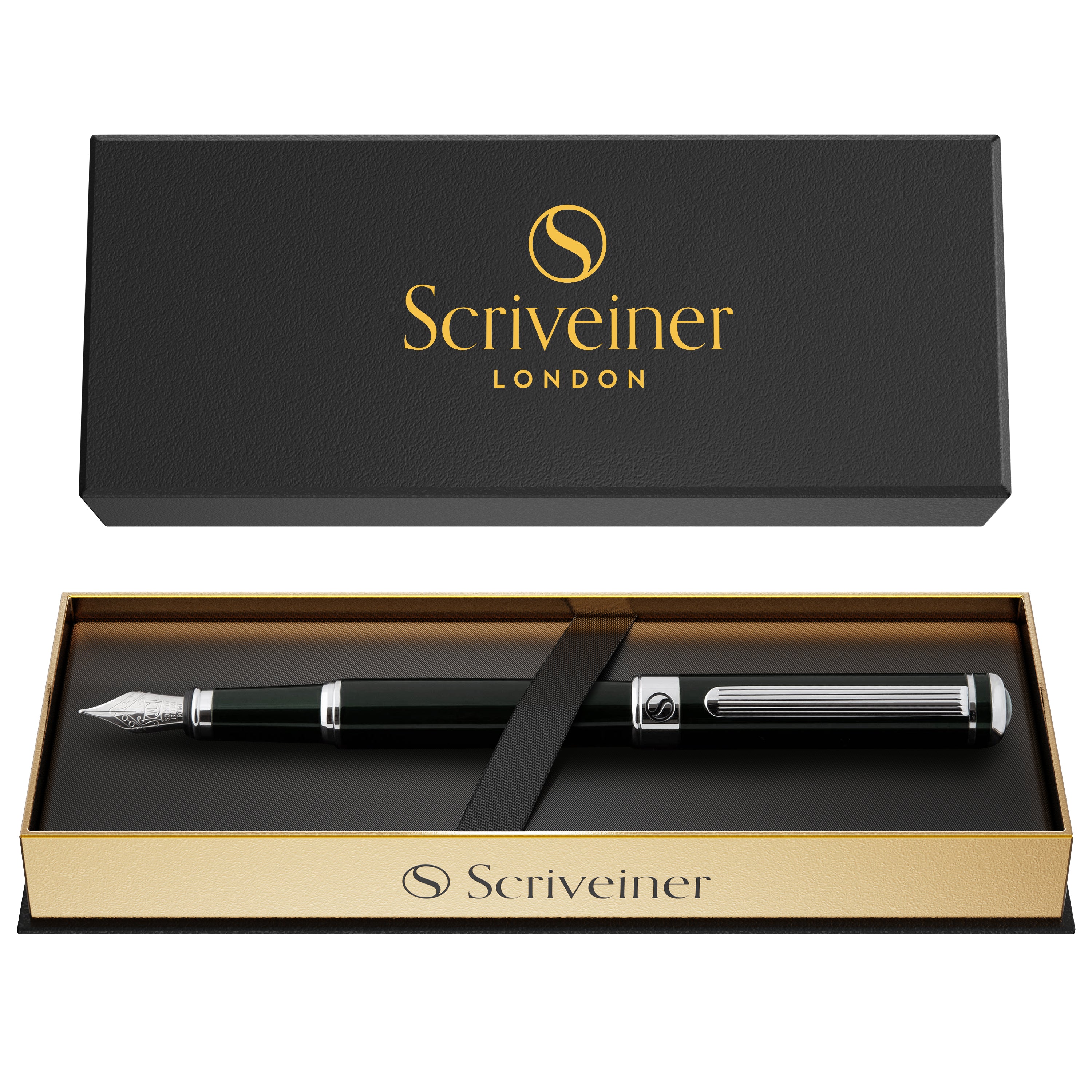 Scriveiner Black Green Fountain Pen (Medium) - Stunning Luxury Pen with Chrome Finish