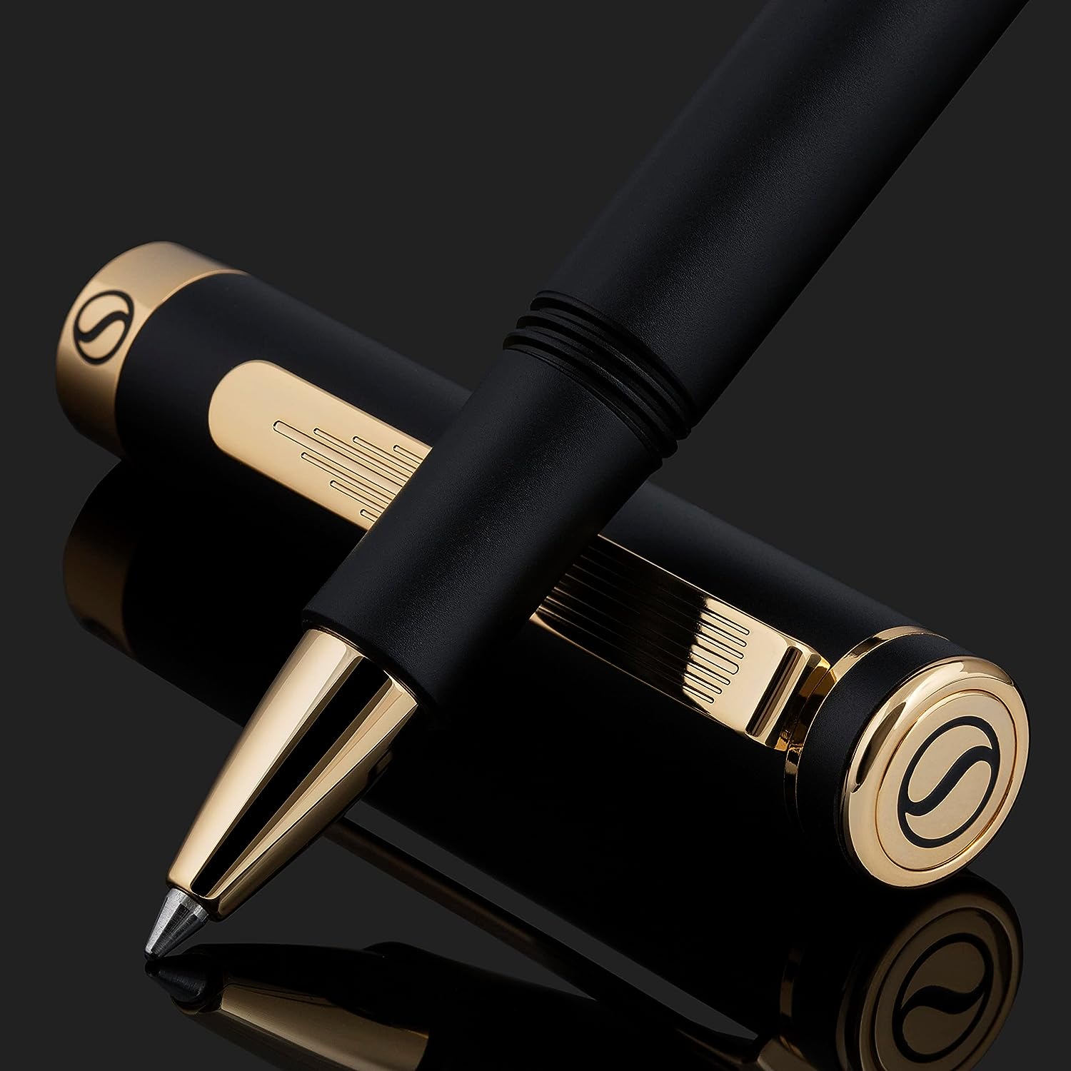 Scriveiner EDC Schwarzer Luxus-Rollerball, atemberaubender Taschenstift mit 24-Karat-Gold-Finish