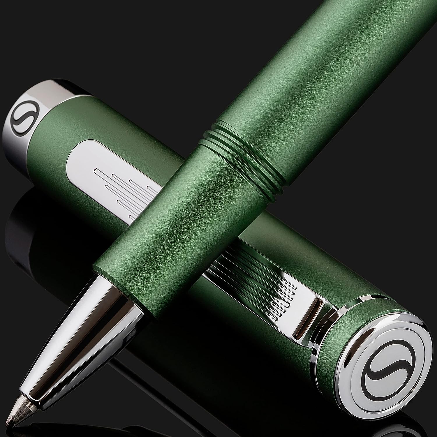 Scriveiner EDC Grüner Luxus-Rollerball, atemberaubender Taschenstift mit Chrom-Finish