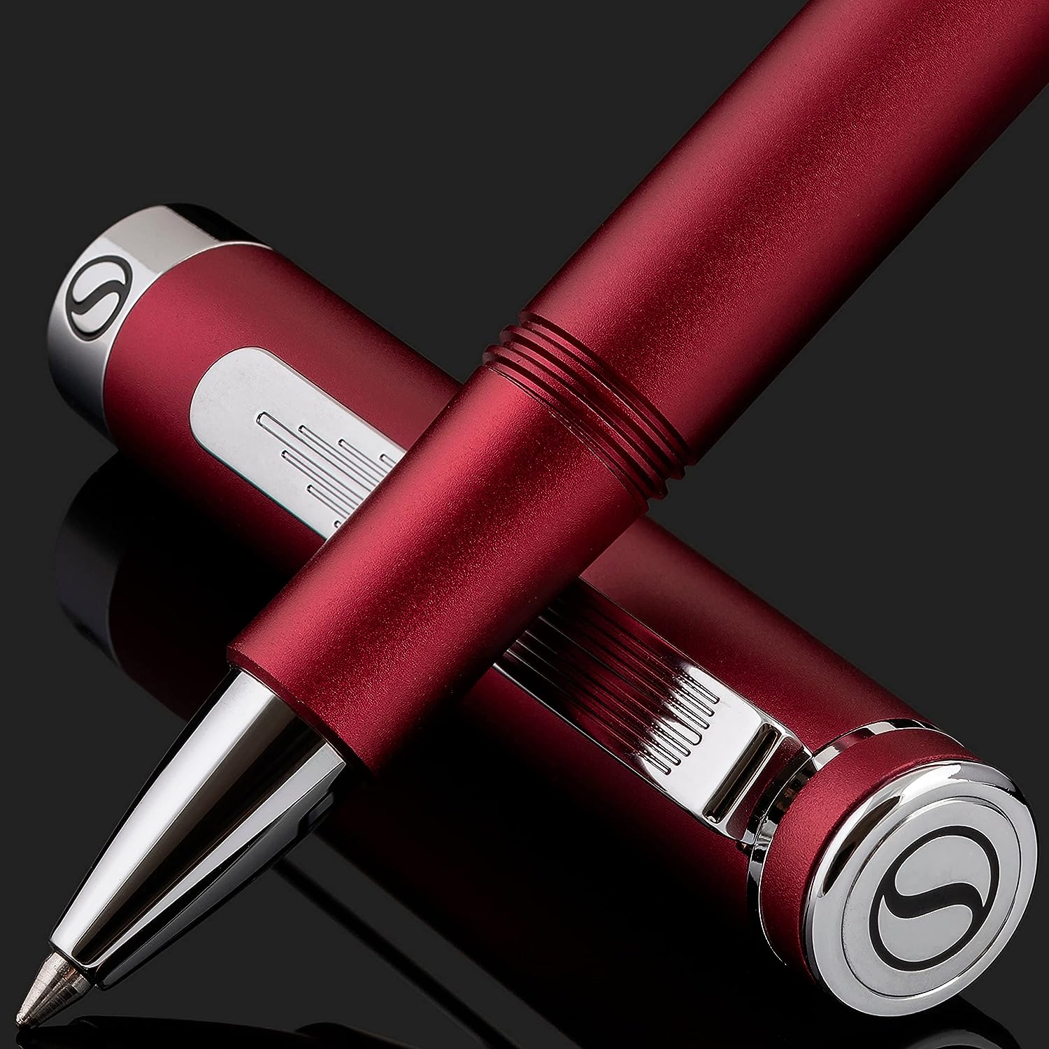 Scriveiner EDC Roter Luxus-Rollerball, atemberaubender Taschenstift mit Chrom-Finish