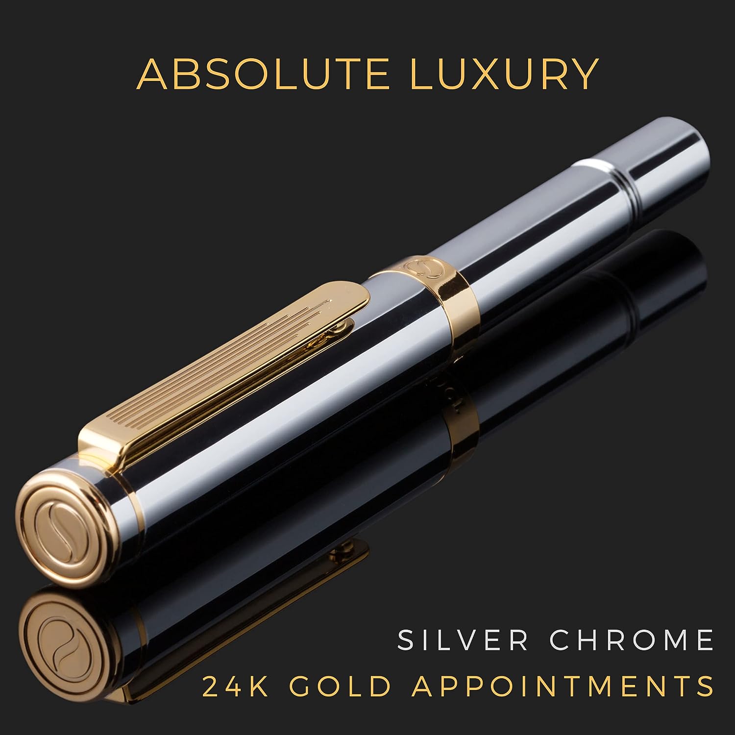 Scriveiner Silver Chrome Fountain Pen (Fine), Award Winning Luxury Pen, Heavy Pocket Pen with 24K Gold Finish