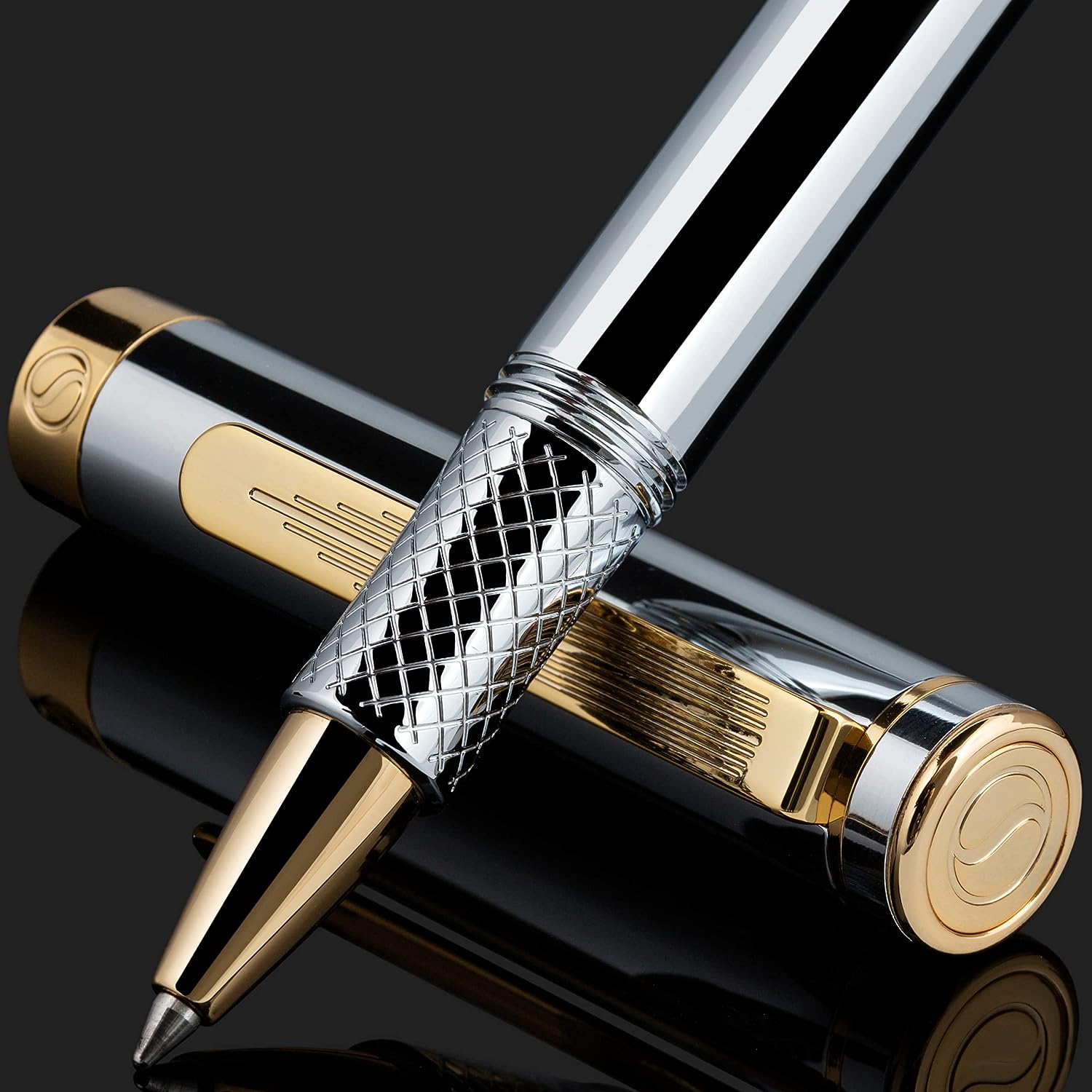 Scriveiner EDC Silber-Chrom-Rollerball, preisgekrönter Luxus-Stift, schwerer Taschenstift, 24-Karat-Gold-Finish