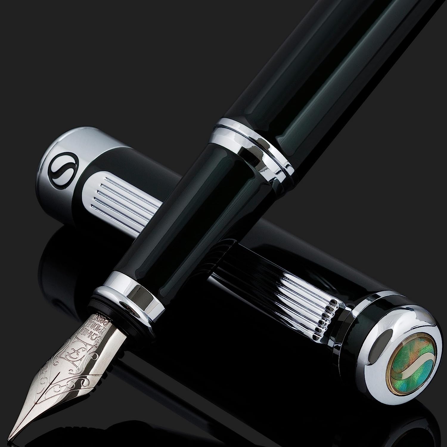 Scriveiner Black Green Fountain Pen (Fine)- Stunning Luxury Pen with Chrome Finish