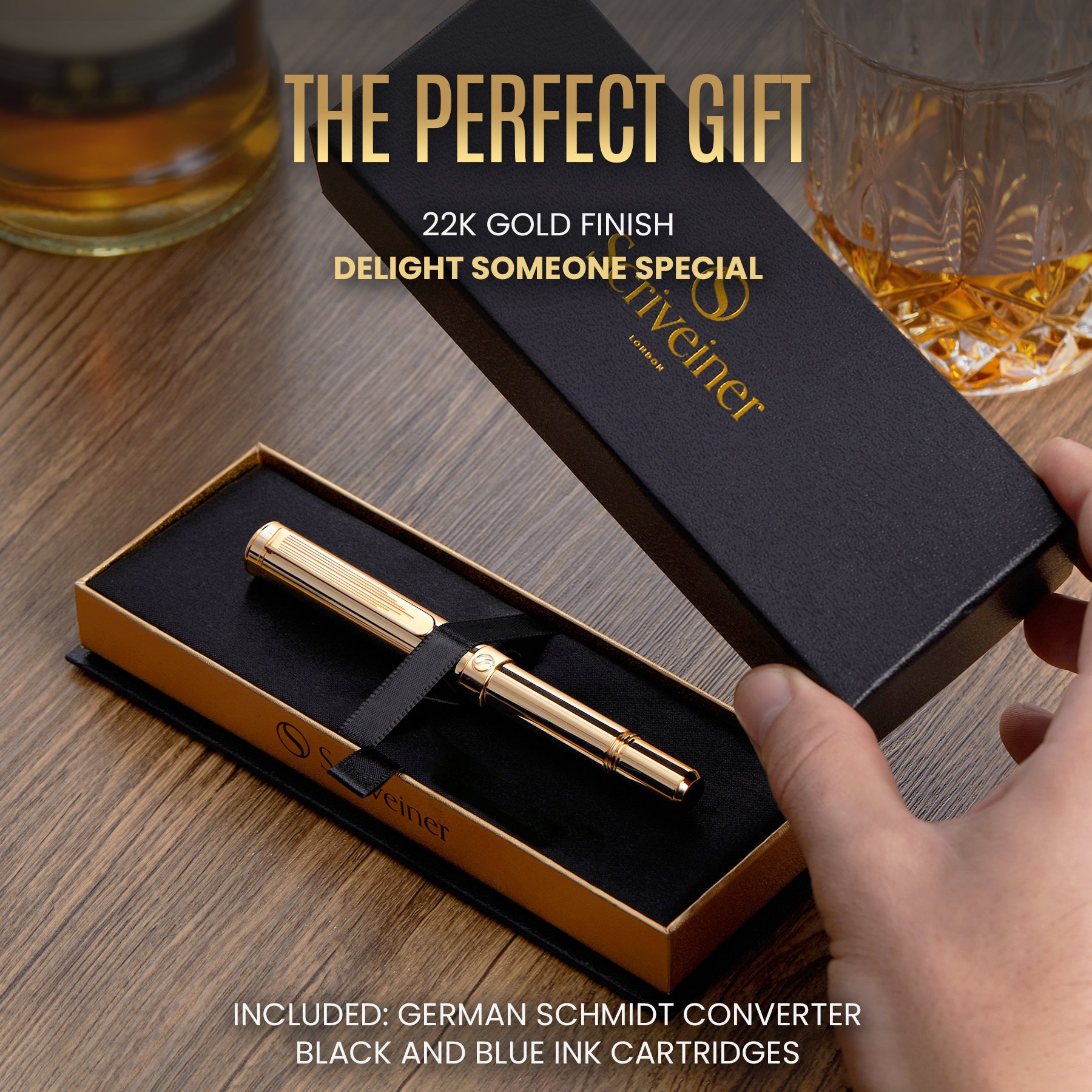 Scriveiner Gold Luxury Fountain Pen (Fine) - Award Winning - Heavy Pocket Pen, 22K Gold