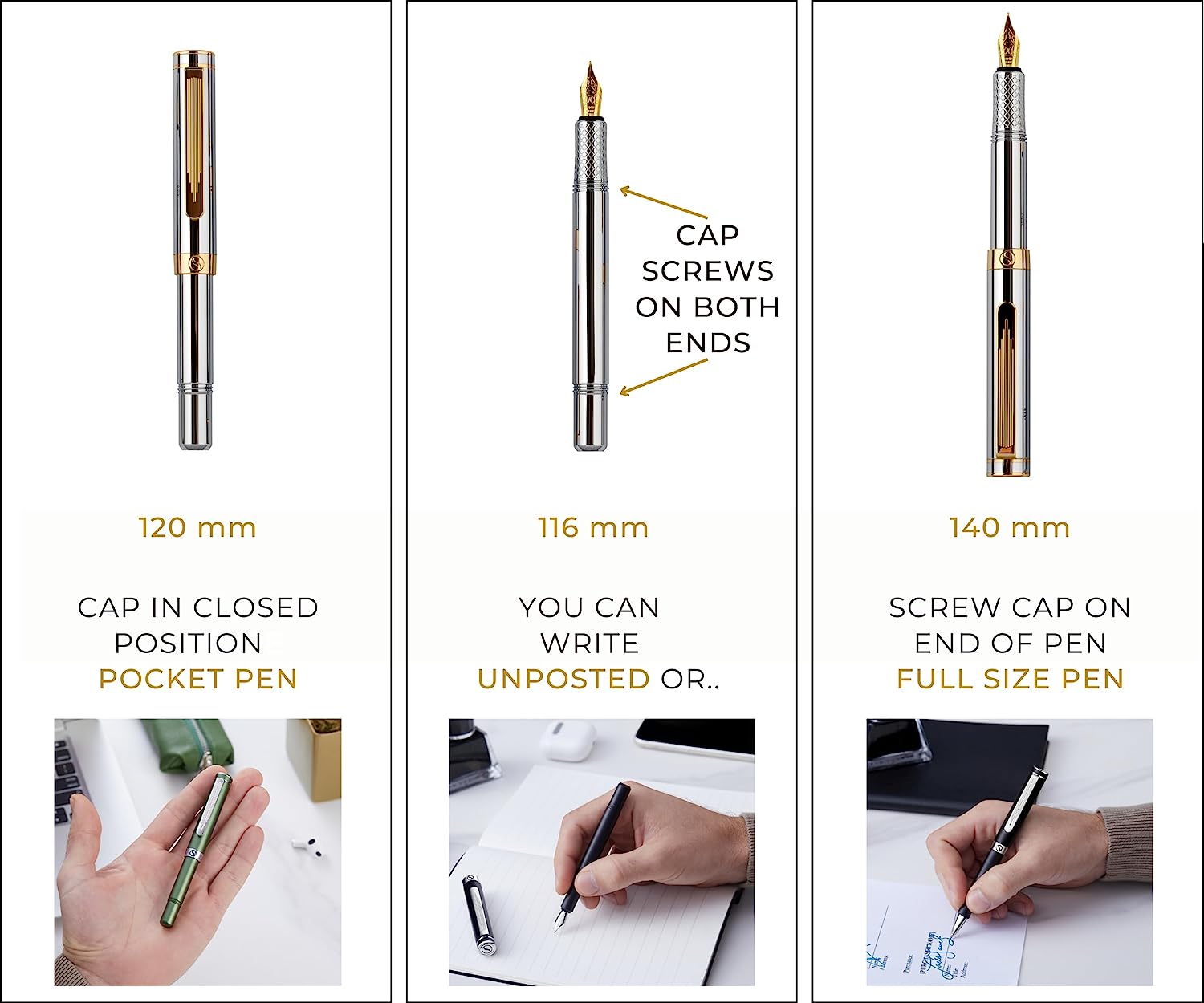 Scriveiner Silver Chrome Fountain Pen (Fine), Award Winning Luxury Pen, Heavy Pocket Pen, Chrome Finish