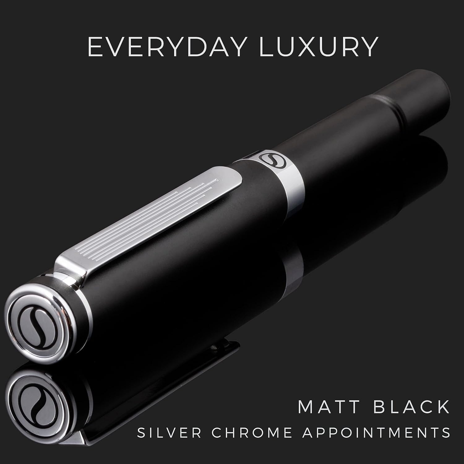 Scriveiner EDC Black Rollerball Luxury Pen, Stunning Pocket Pen with Chrome Finish