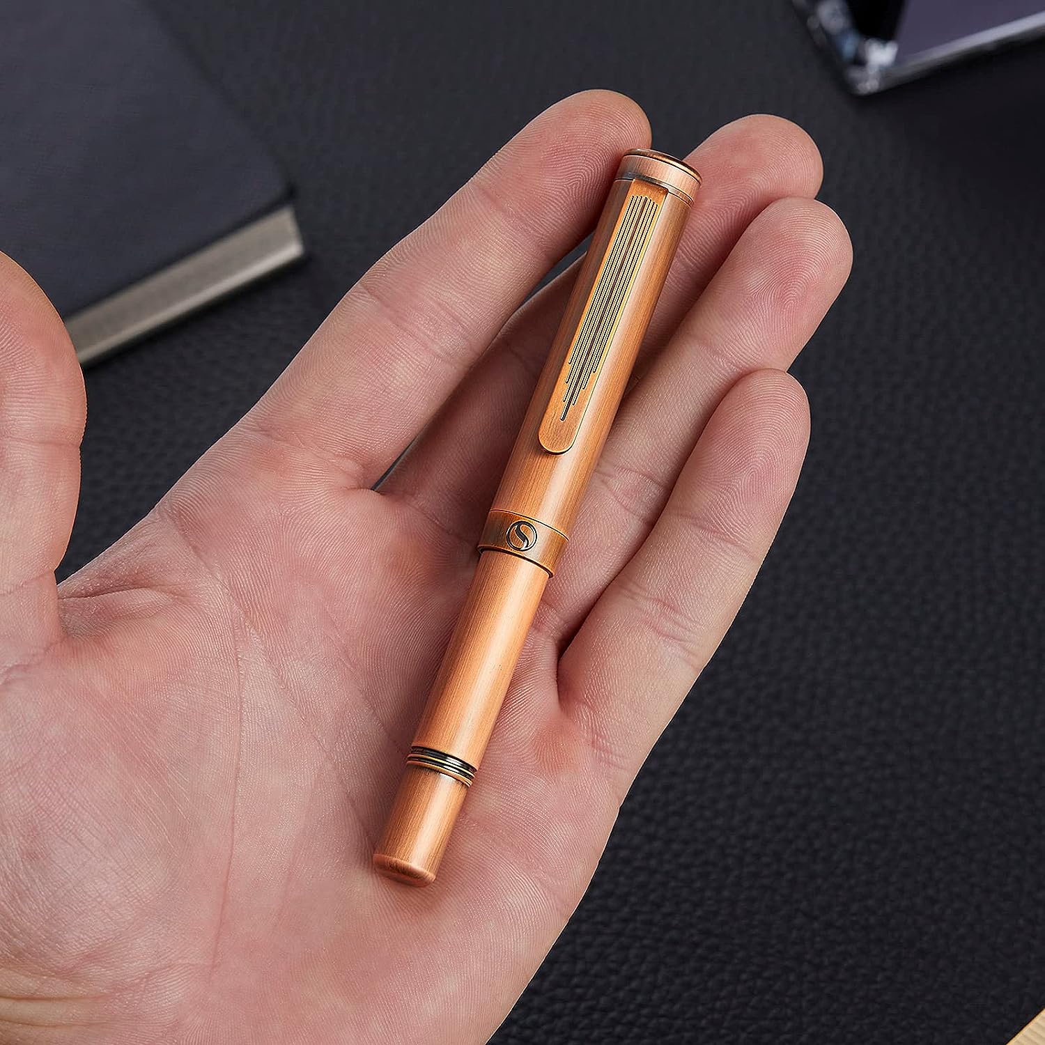 Scriveiner EDC Luxury Rollerball Pen, Stunning Heavy Pocket Pen, Hand Brushed Copper Finish