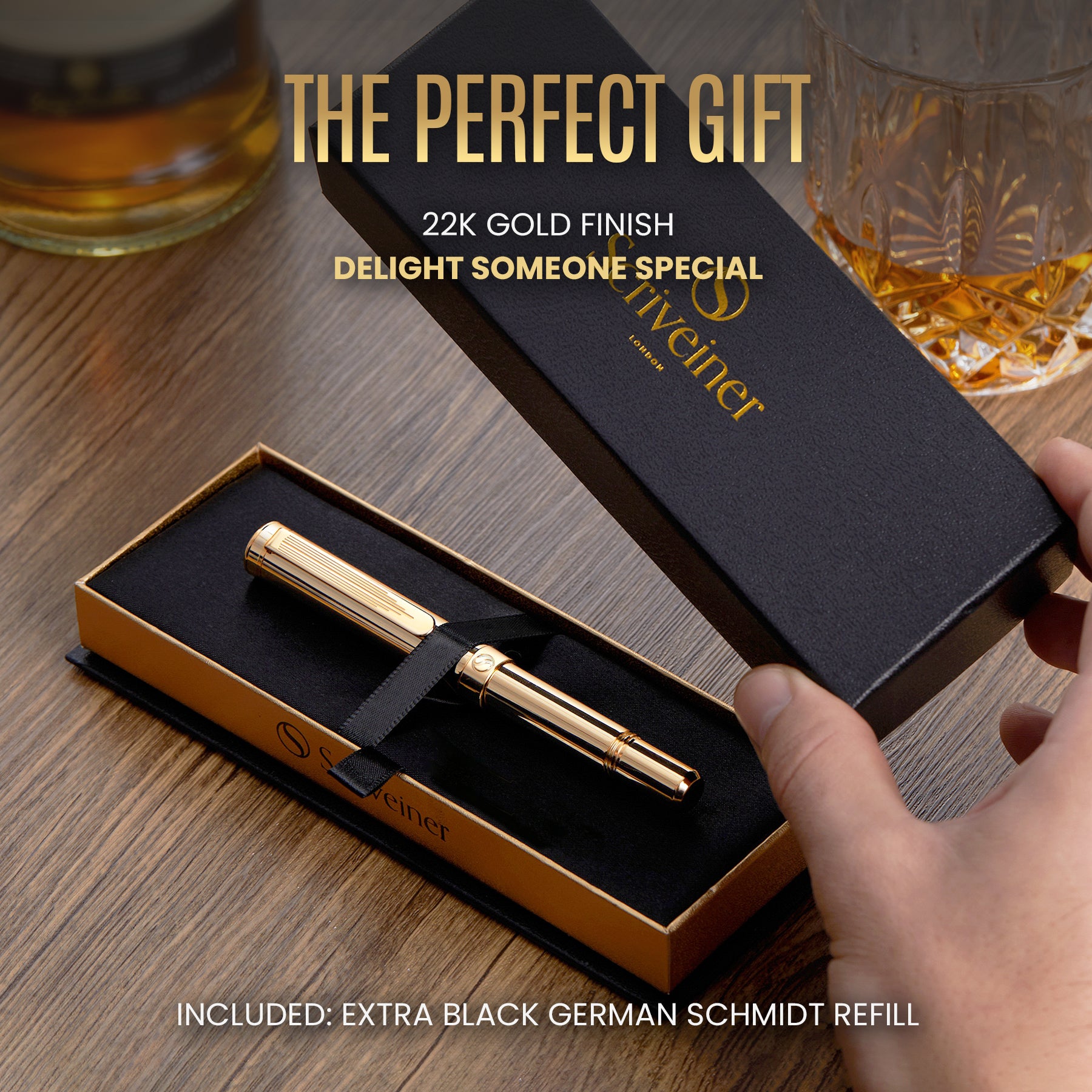 Scriveiner EDC Gold Rollerball Pen, preisgekrönter Luxus-Taschenstift mit 22 Karat vergoldetem Finish