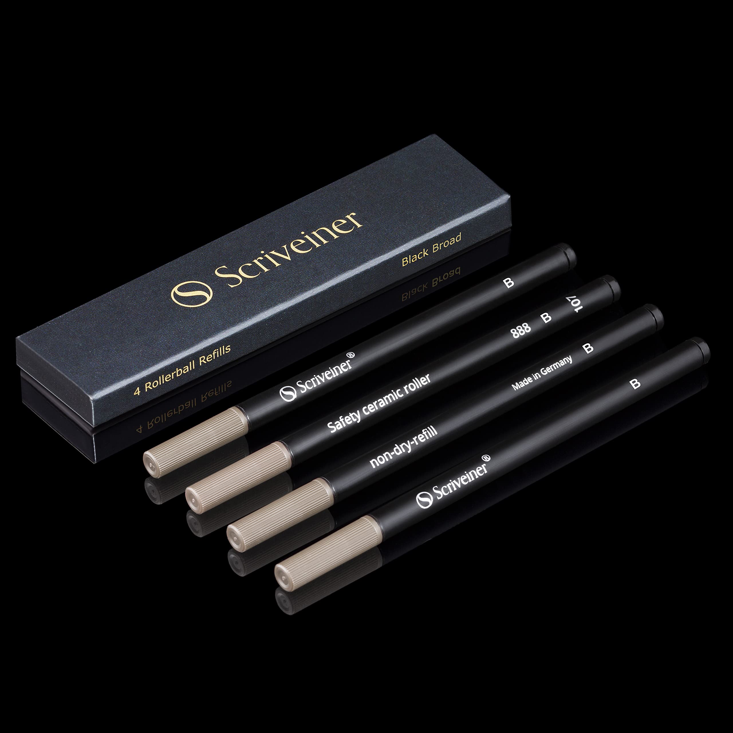 Scriveiner Rollerball-Mine, breit, Schwarz – 4 Rollerball-Minen für Scriveiner-Stifte