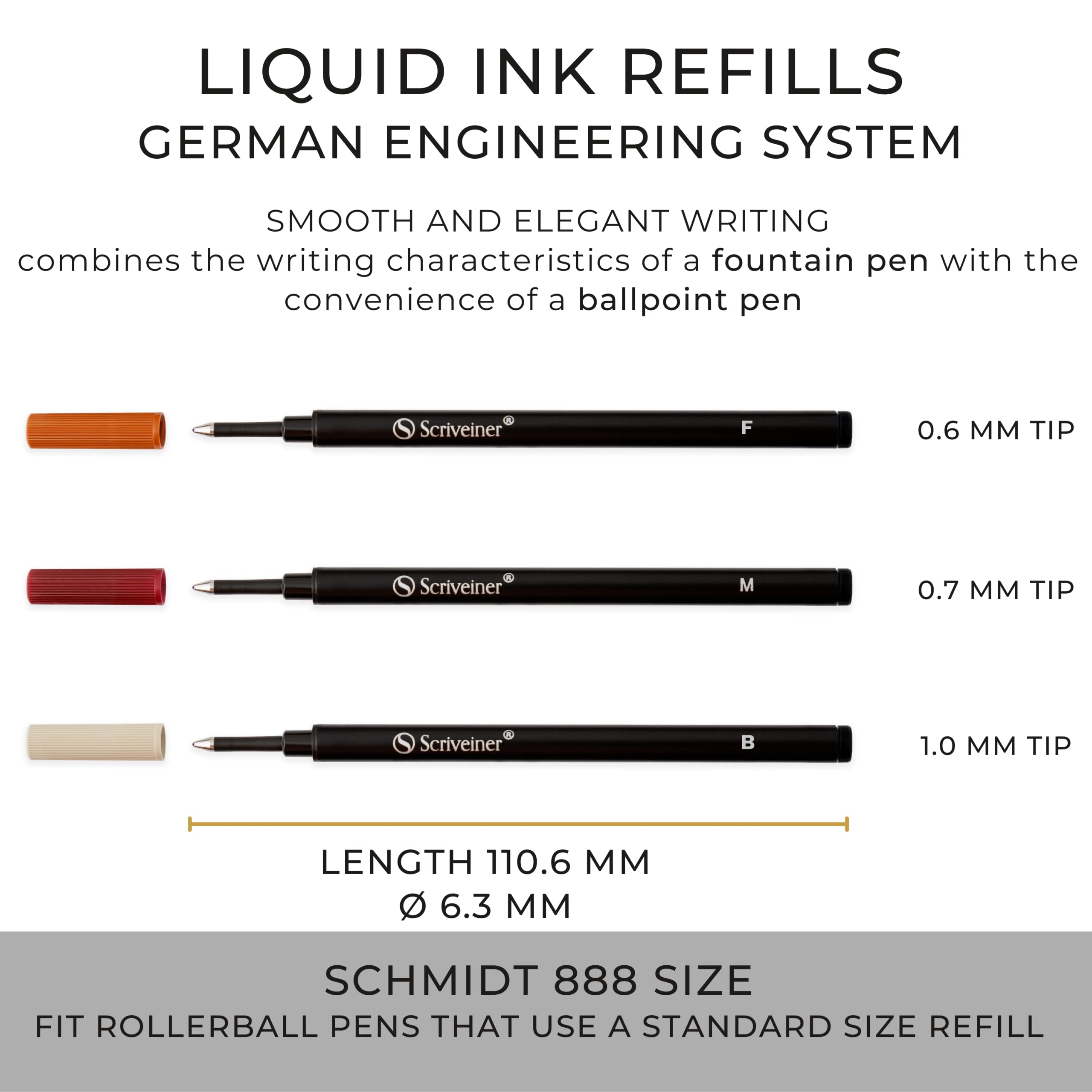 Scriveiner Rollerball-Mine, breit, Schwarz – 4 Rollerball-Minen für Scriveiner-Stifte