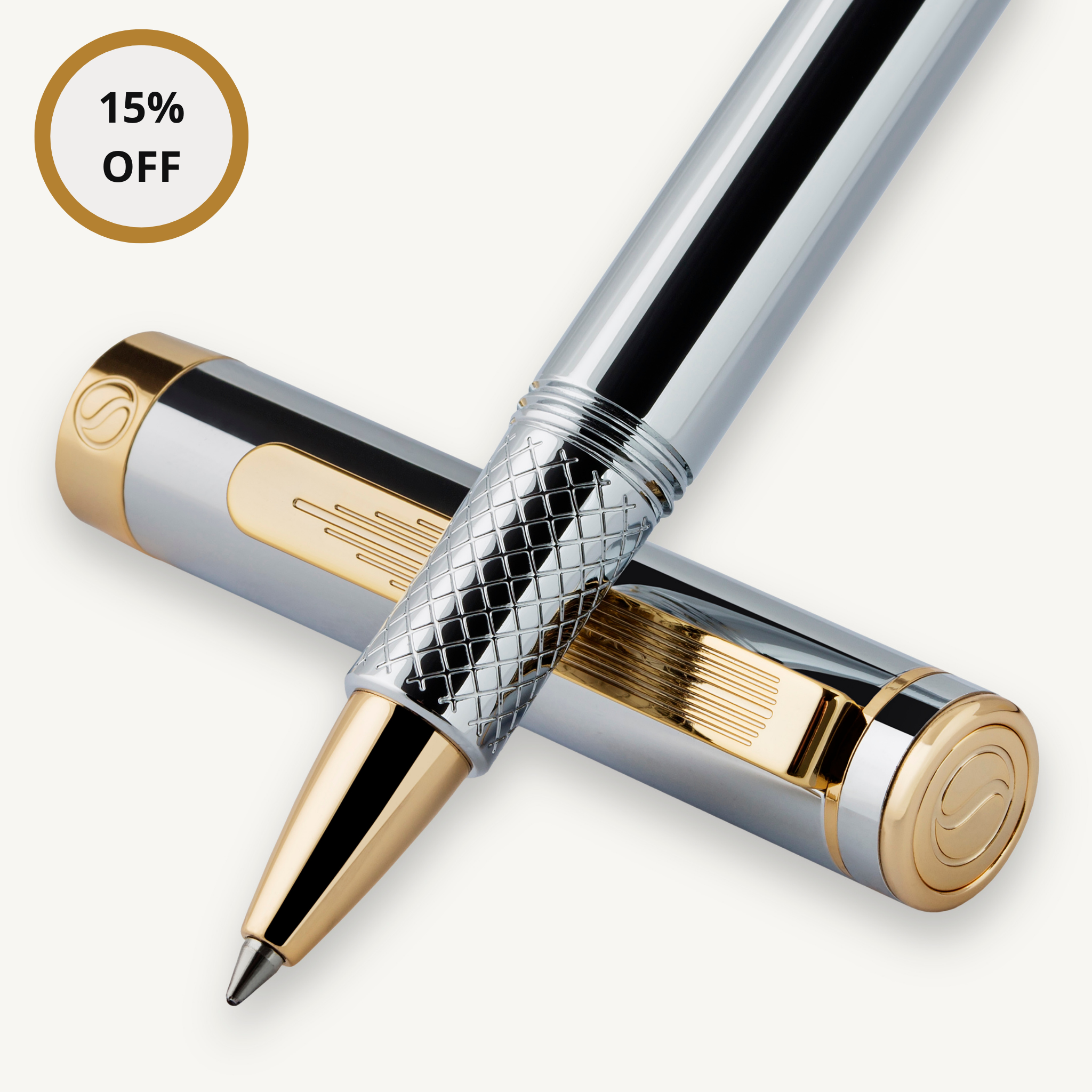 Scriveiner EDC Silber-Chrom-Rollerball, preisgekrönter Luxus-Stift, schwerer Taschenstift, 24-Karat-Gold-Finish