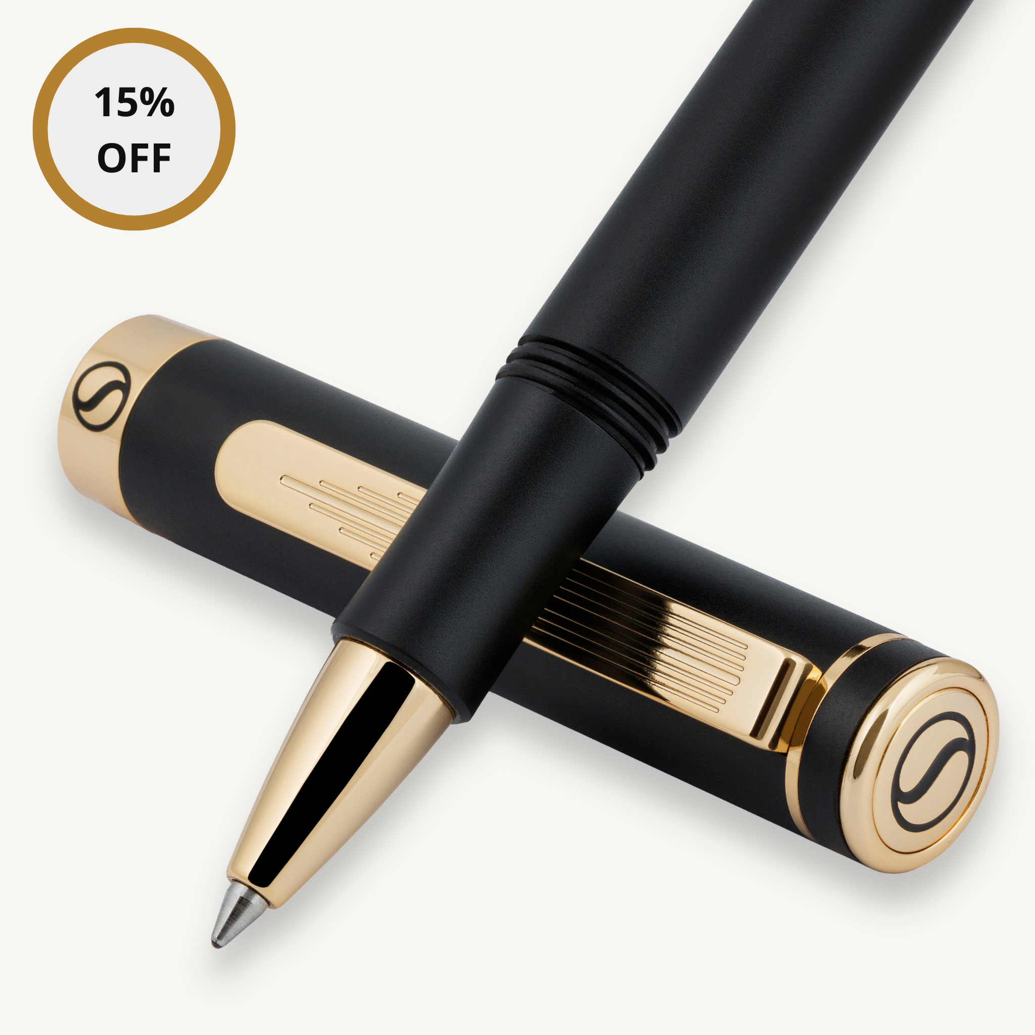 Scriveiner EDC Schwarzer Luxus-Rollerball, atemberaubender Taschenstift mit 24-Karat-Gold-Finish