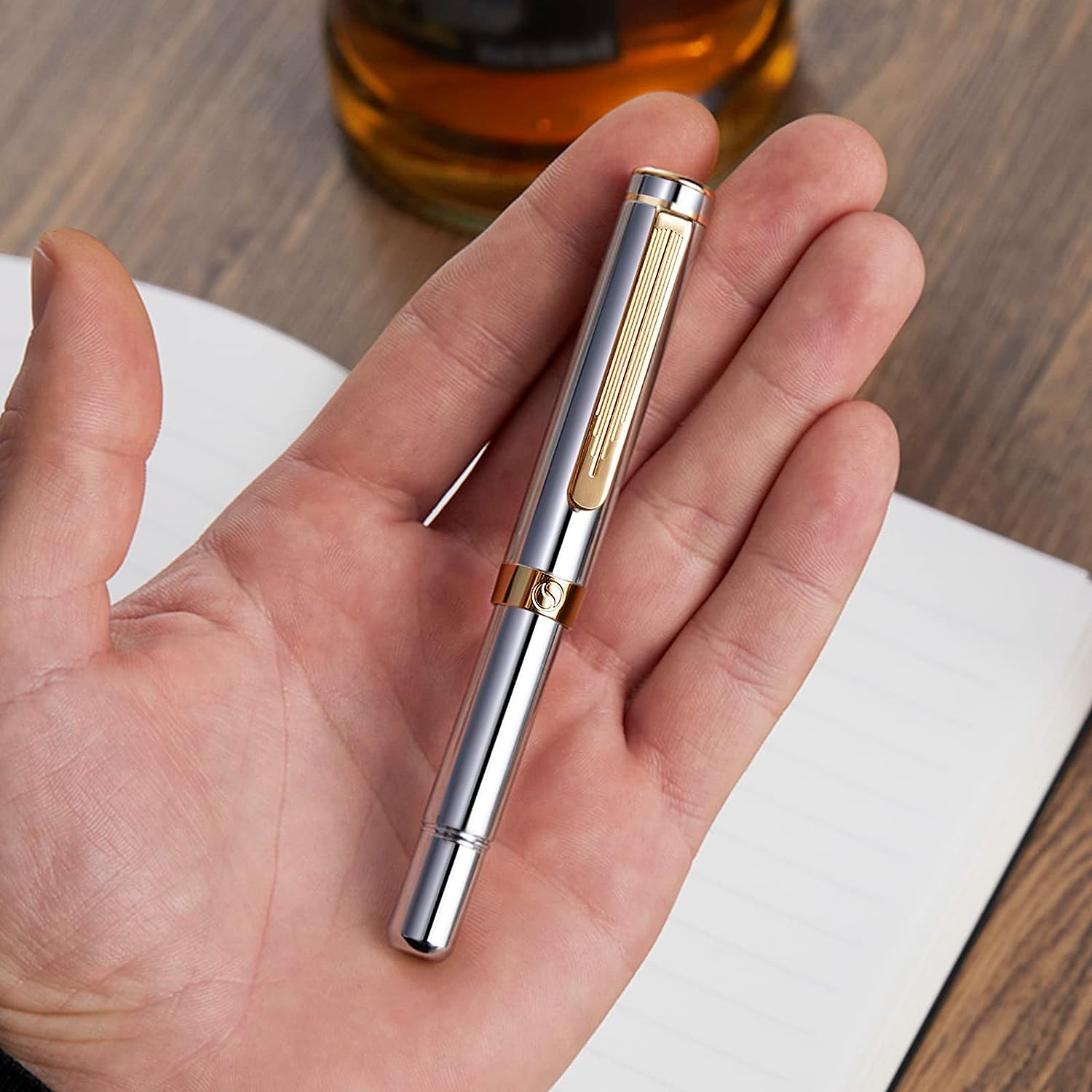 Scriveiner EDC Silber-Chrom-Rollerball, preisgekrönter Luxus-Stift, schwerer Taschenstift, 24-Karat-Gold-Finish