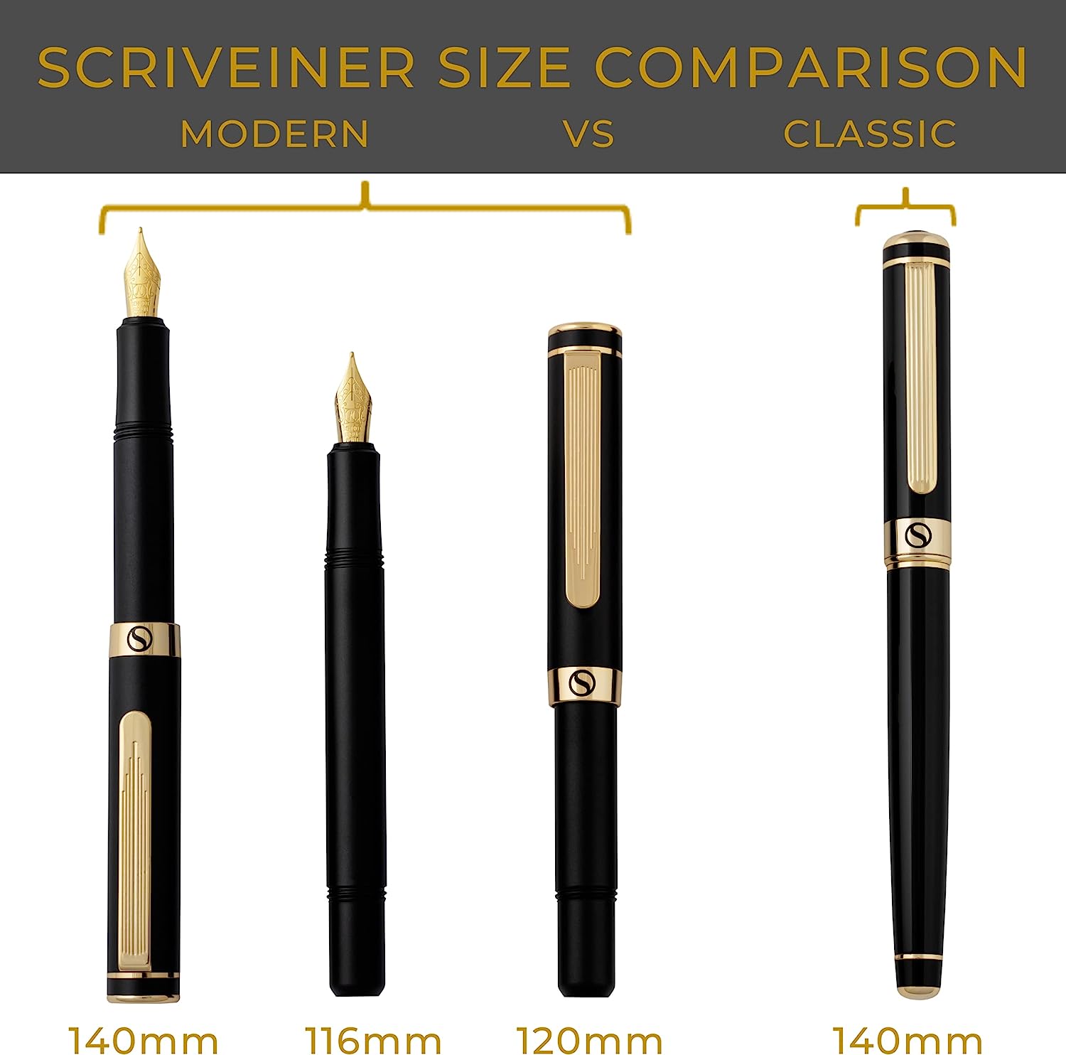 Scriveiner Luxury EDC Fountain Pen (Fine), Stunning Black Pocket Pen, 24K Gold Finish