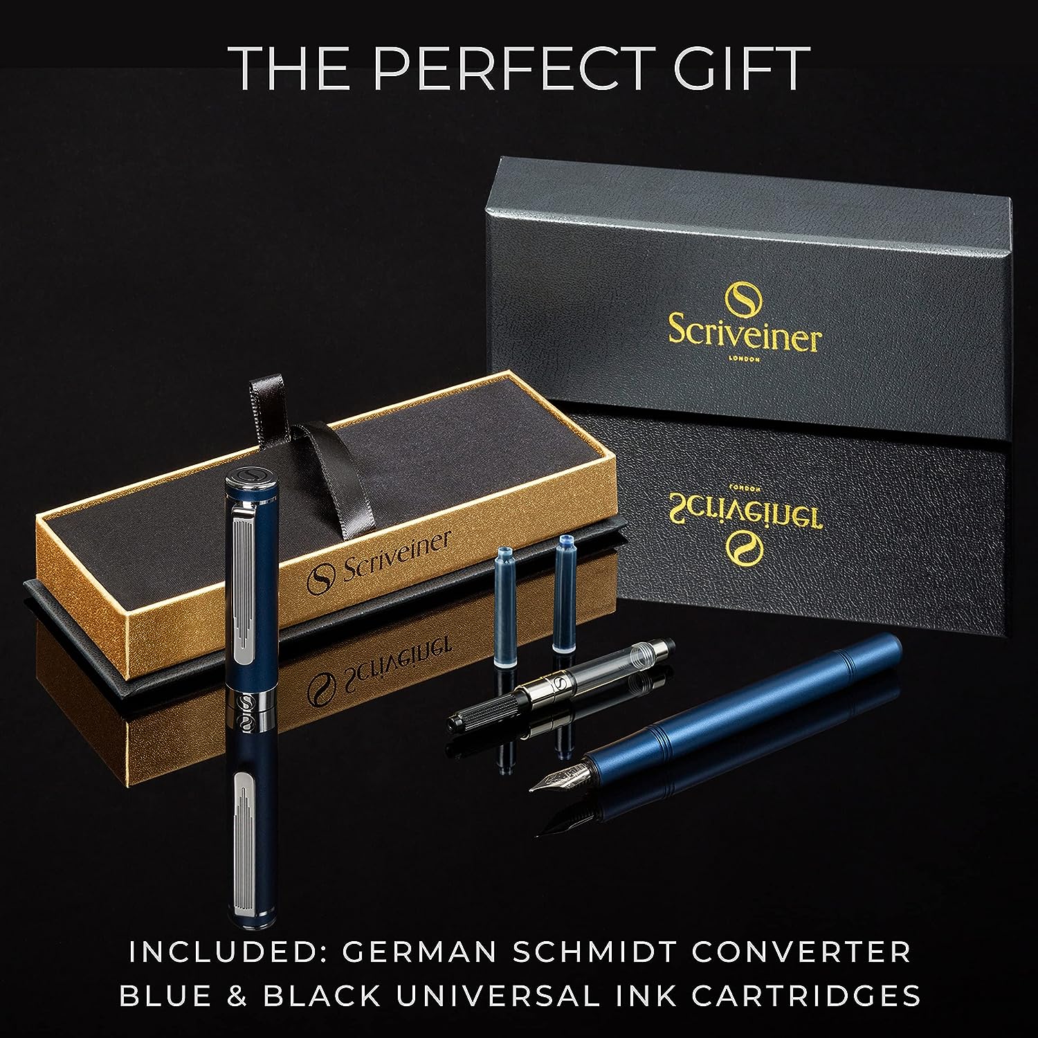 Scriveiner Luxury EDC Fountain Pen (Medium), Stunning Matt Blue Pocket Pen, Chrome Finish