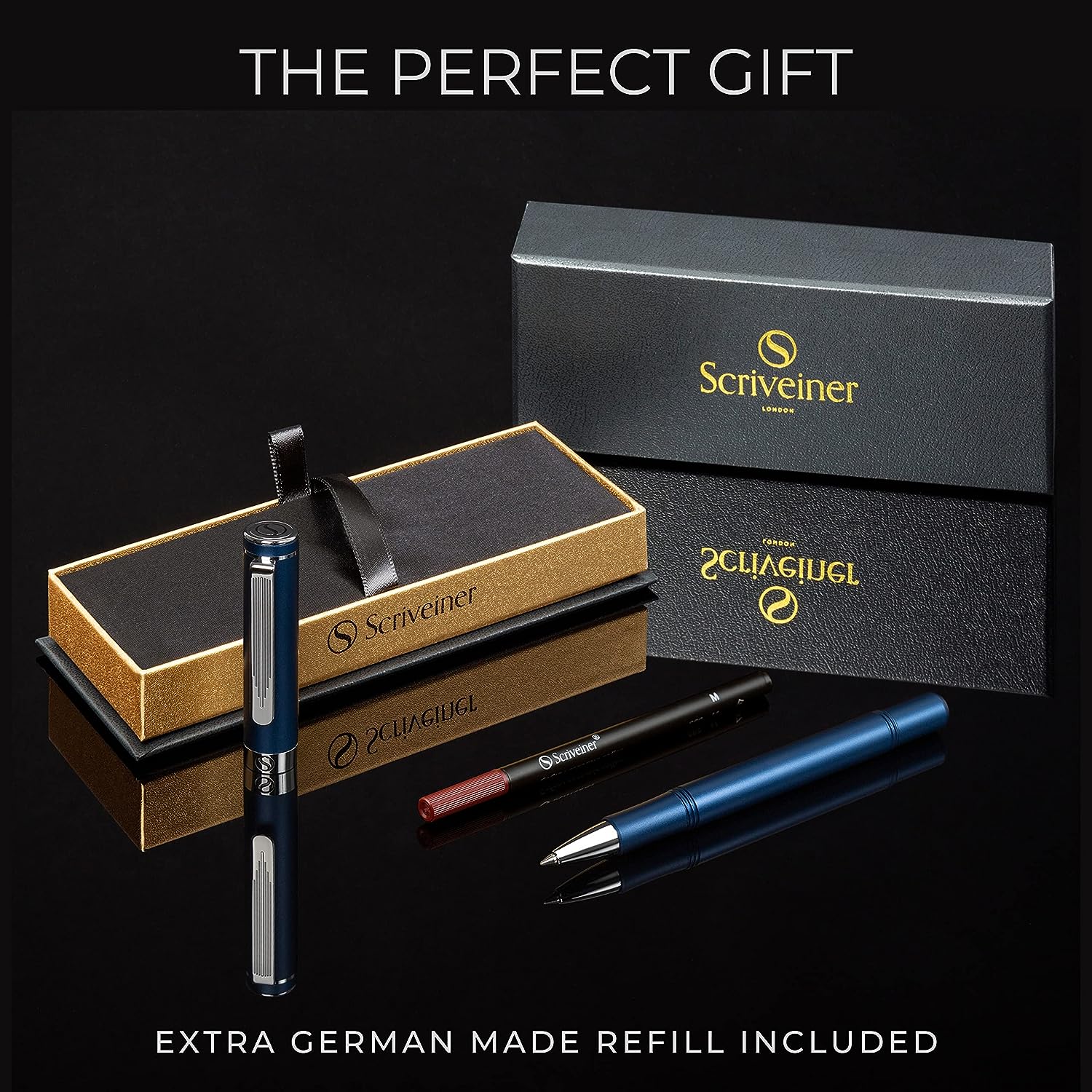 Scriveiner EDC Blue Rollerball Luxus-Stift, atemberaubender Taschenstift mit Chrom-Finish