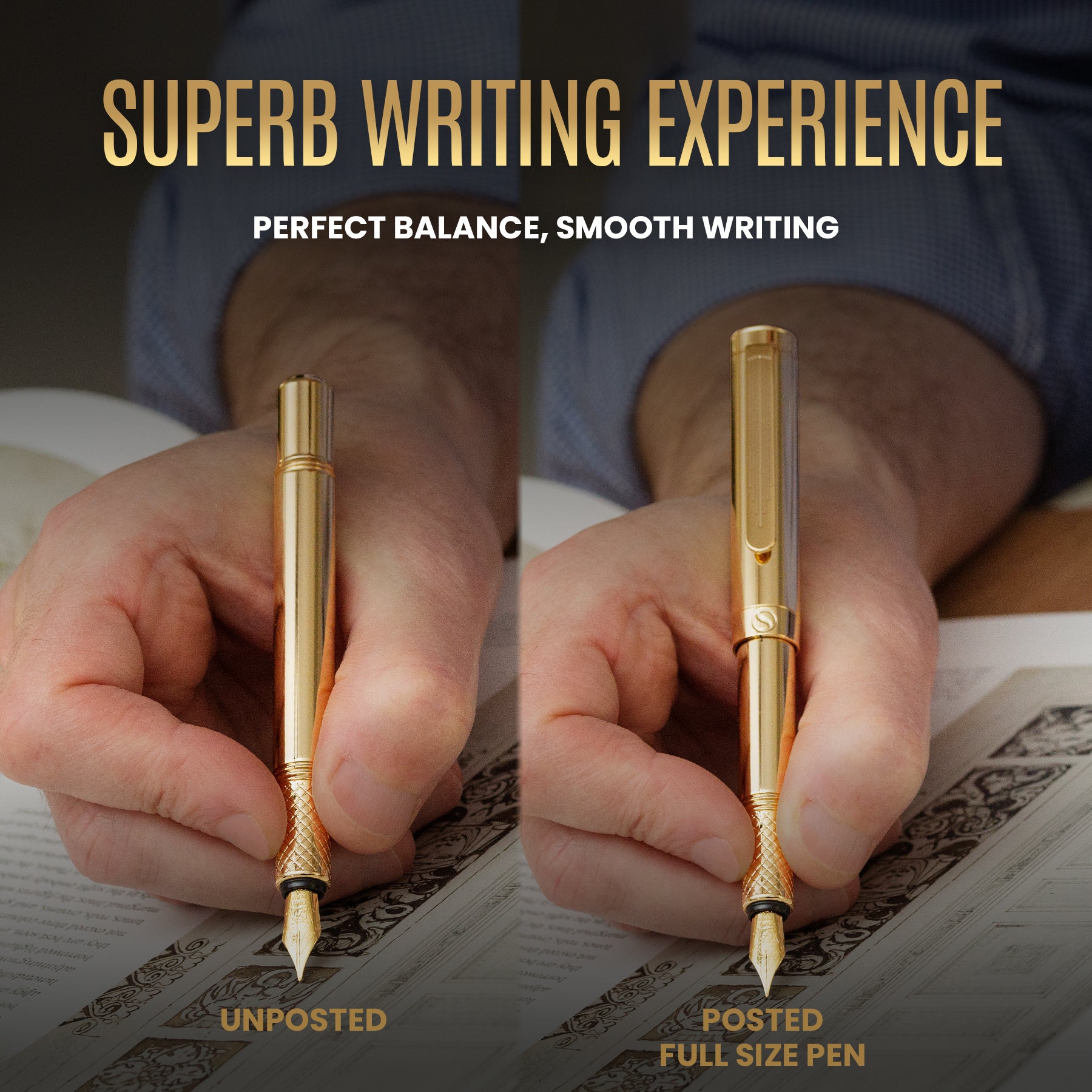 Scriveiner Gold Luxury Fountain Pen (Medium) - Award Winning - Heavy Pocket Pen, 22K Gold