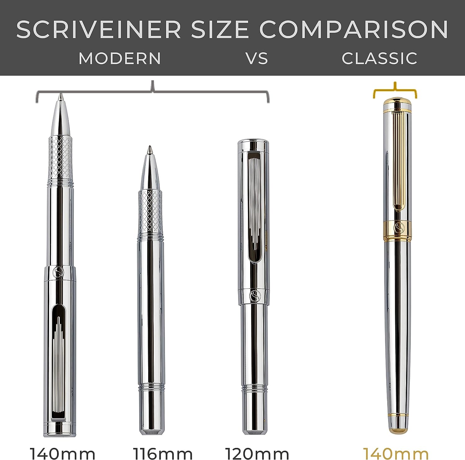 Scriveiner EDC Silberner Chrom-Rollerball, preisgekrönter Luxus-Stift, schwerer Taschenstift mit Chrom-Finish