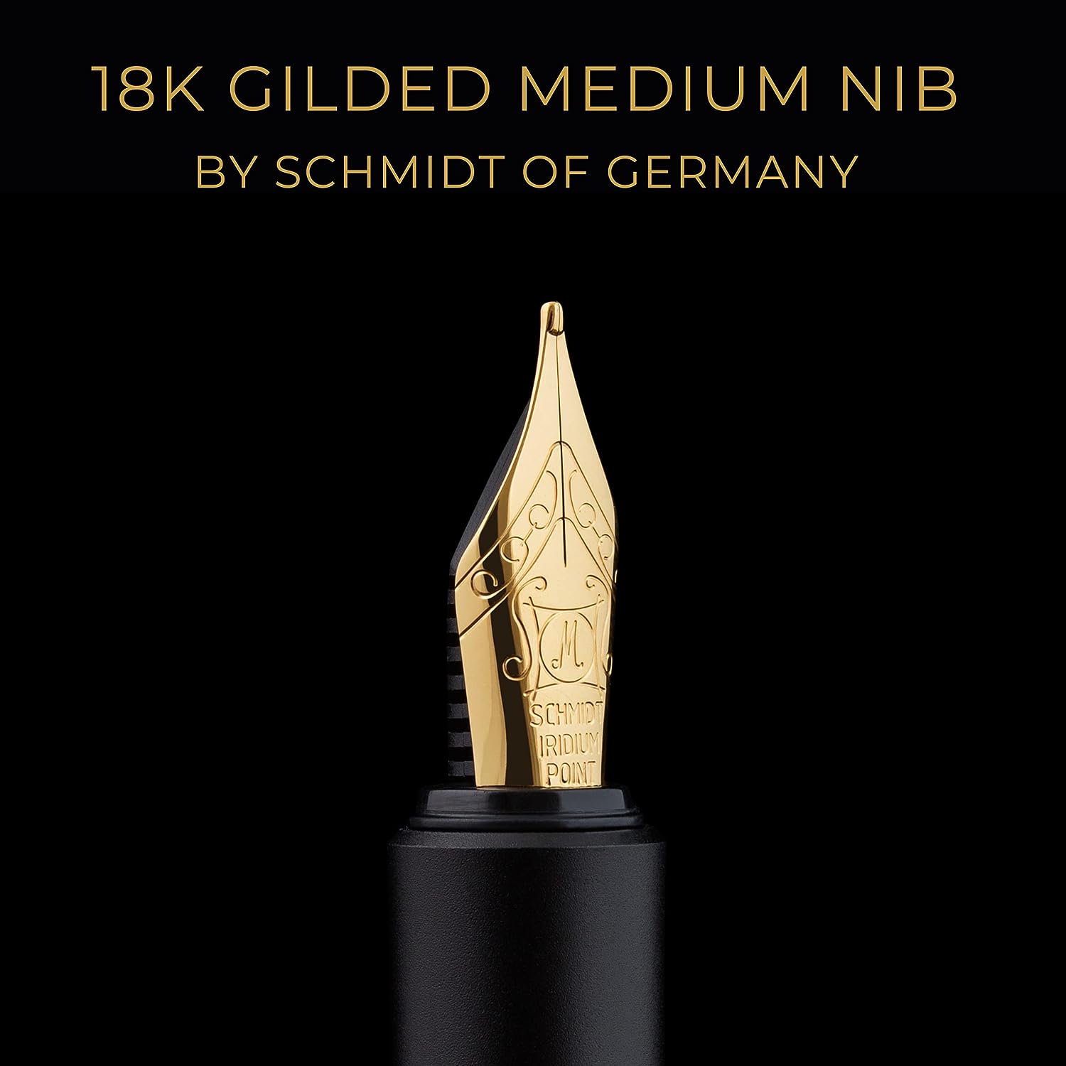 Scriveiner Luxus-EDC-Füllfederhalter (mittelgroß), atemberaubender schwarzer Taschenstift, 24-Karat-Gold-Finish