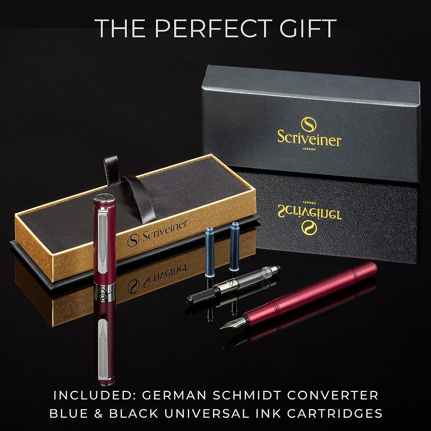 Scriveiner Luxury EDC Fountain Pen (Fine), Stunning Matt Red Pocket Pen, Chrome Finish