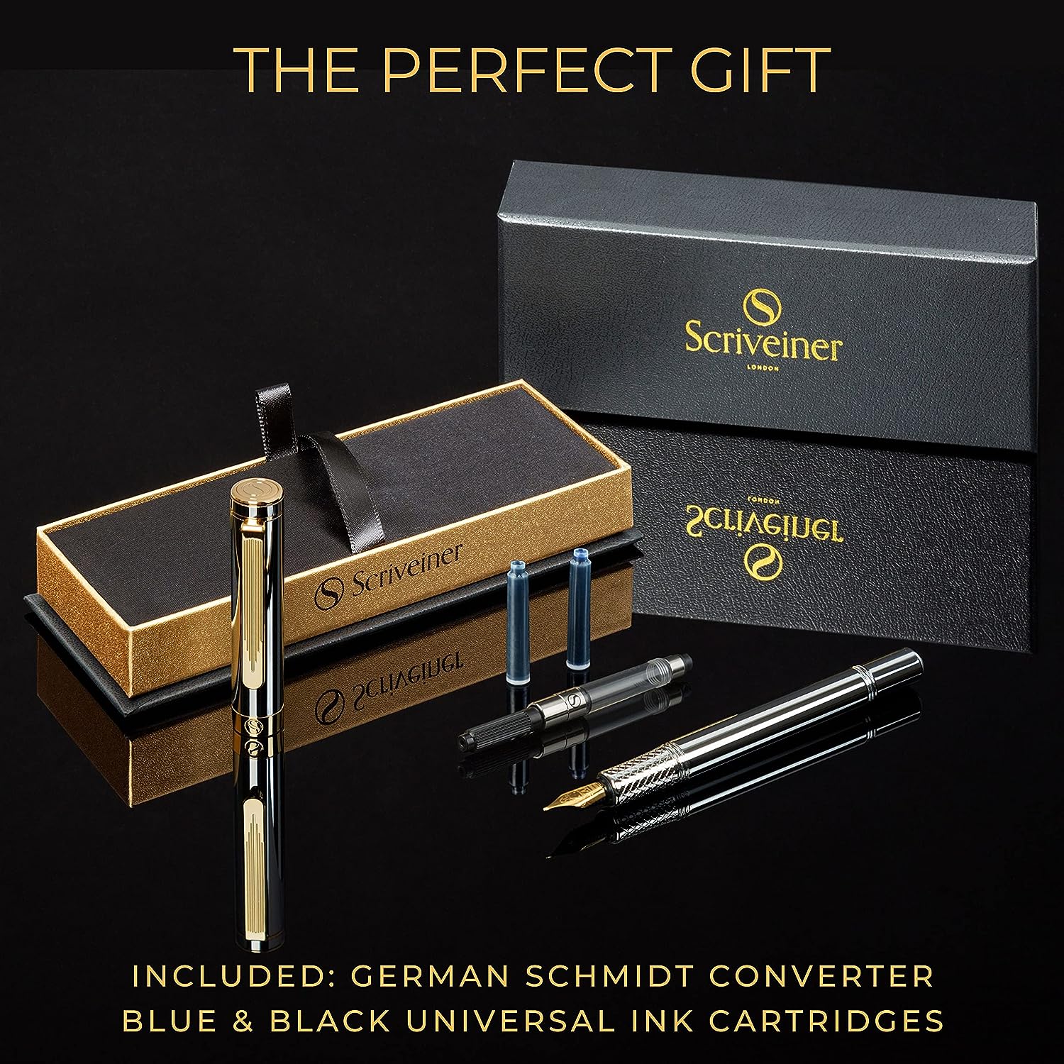 Scriveiner Füllfederhalter aus Silberchrom (fein), preisgekrönter Luxus-Stift, schwerer Taschenstift mit 24-Karat-Gold-Finish