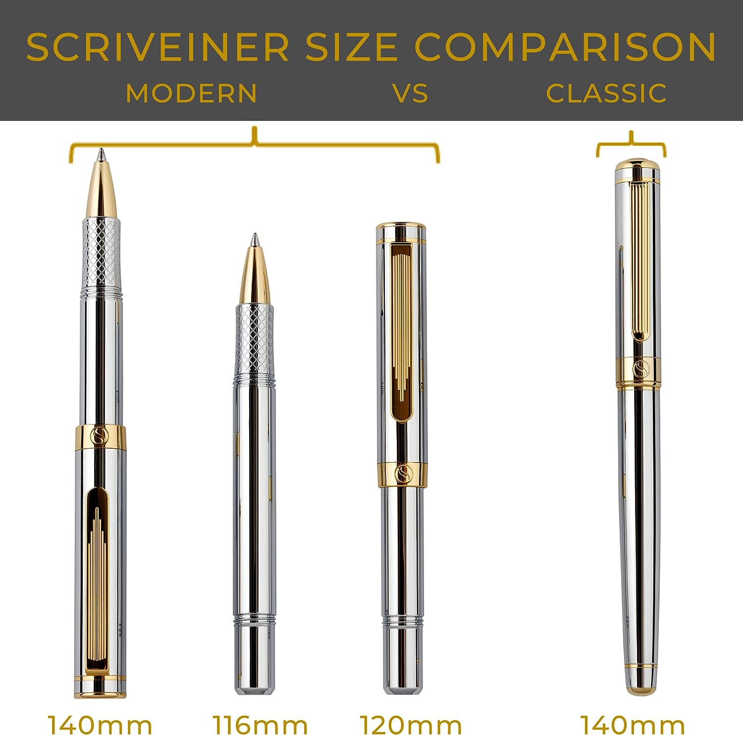 Scriveiner EDC Silber-Chrom-Rollerball, preisgekrönter Luxus-Stift, schwerer Taschenstift, 24-Karat-Gold-Finish