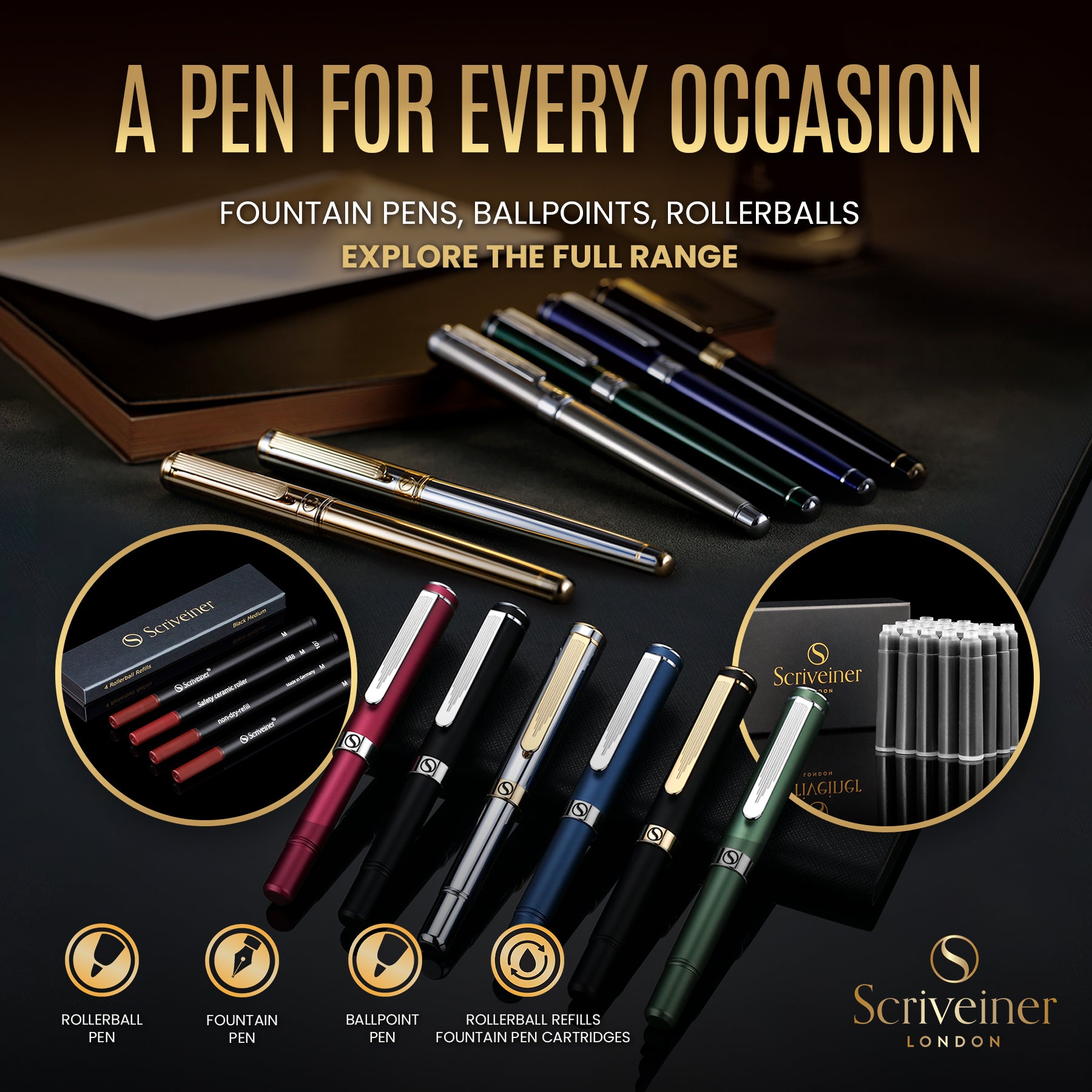 Scriveiner EDC Gold Rollerball Pen, preisgekrönter Luxus-Taschenstift mit 22 Karat vergoldetem Finish