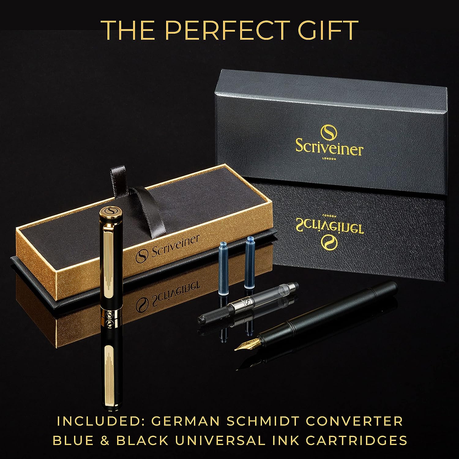 Scriveiner Luxus-EDC-Füllfederhalter (mittelgroß), atemberaubender schwarzer Taschenstift, 24-Karat-Gold-Finish