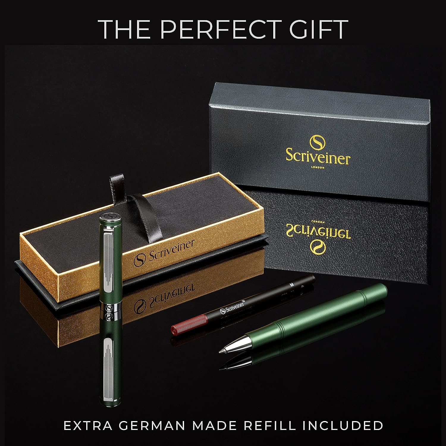 Scriveiner EDC Grüner Luxus-Rollerball, atemberaubender Taschenstift mit Chrom-Finish