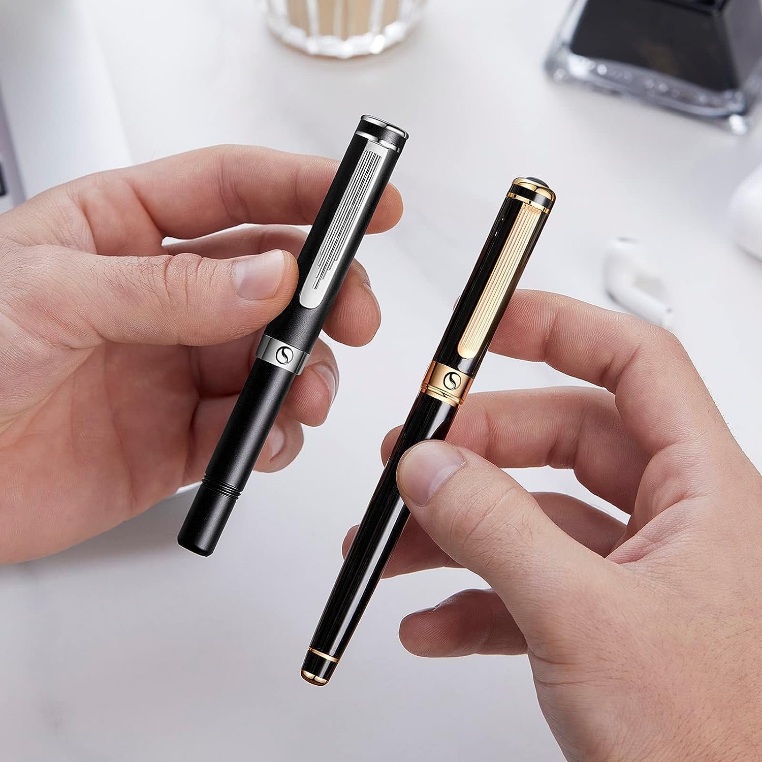 Scriveiner Luxury EDC Fountain Pen (Fine), Stunning Matt Black Pocket Pen, Chrome Finish