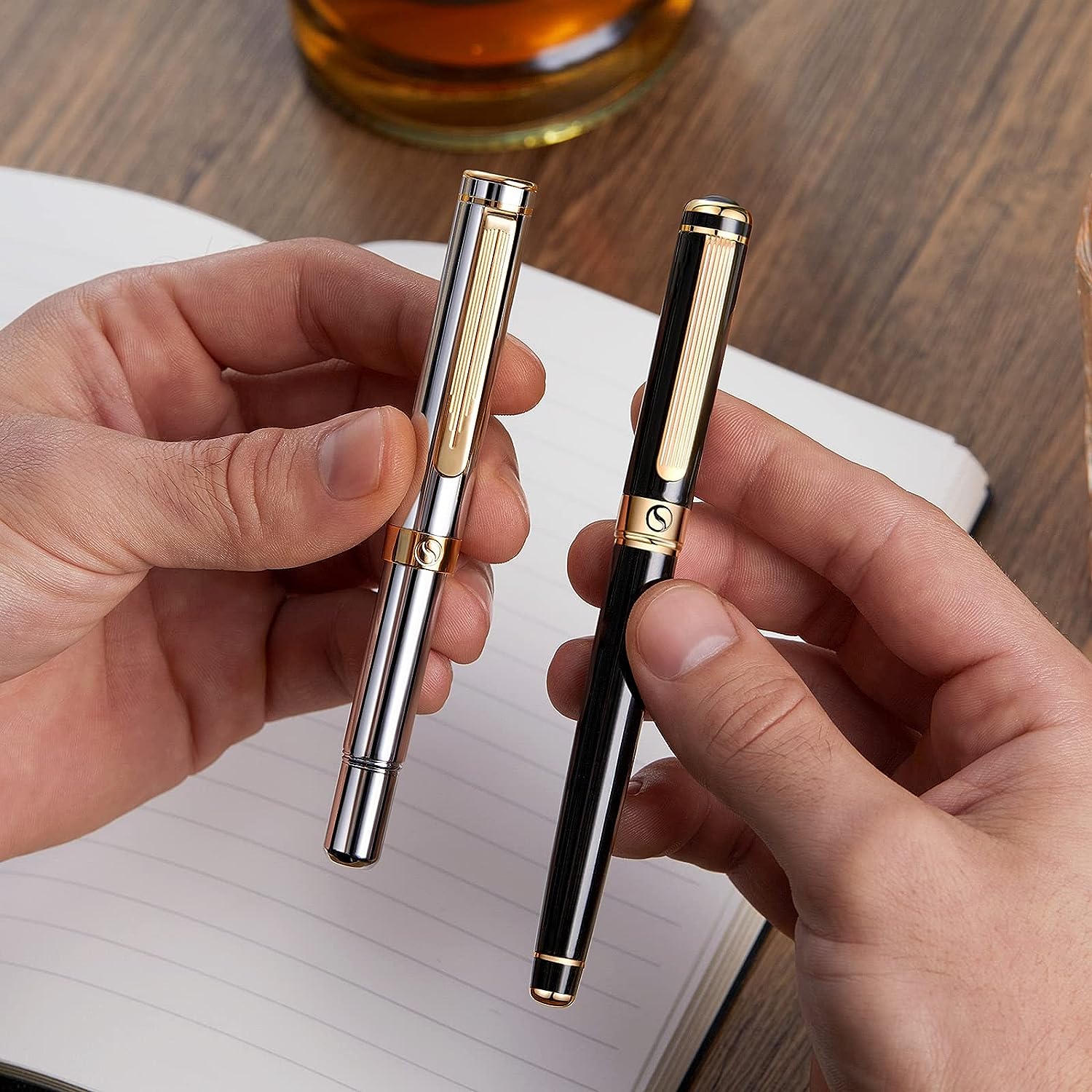 Scriveiner Silver Chrome Fountain Pen (Medium), Award Winning Luxury Pen, Heavy Pocket Pen with 24K Gold Finish