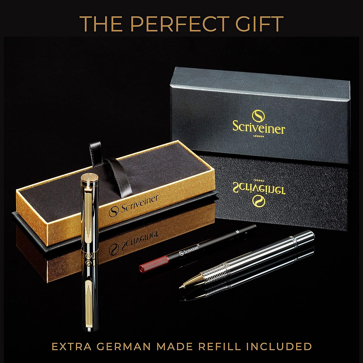 Scriveiner EDC Silber-Chrom-Rollerball, preisgekrönter Luxus-Stift, schwerer Taschenstift, 24-Karat-Gold-Finish